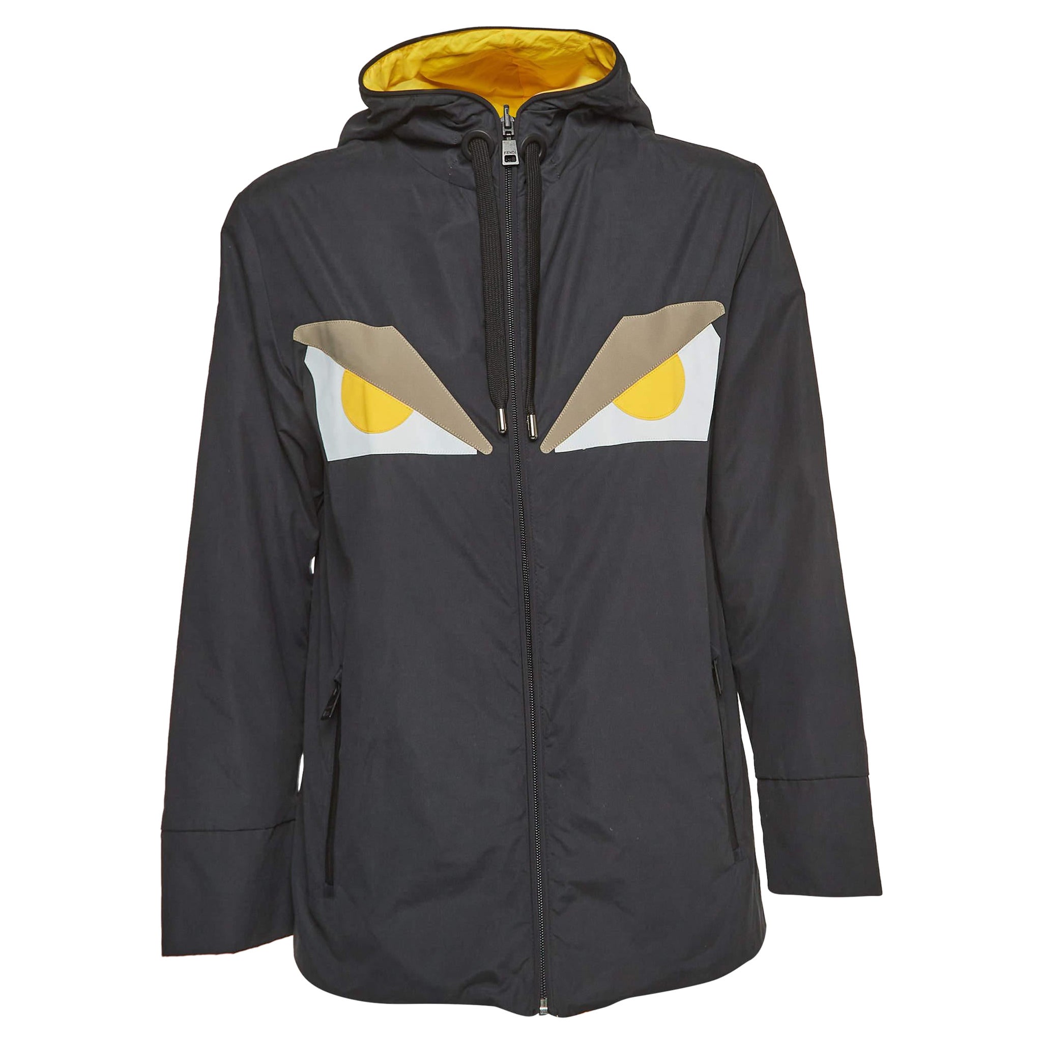 Fendi Grey/Yellow Eyes Applique Synthetic Reversible Hooded Jacket S