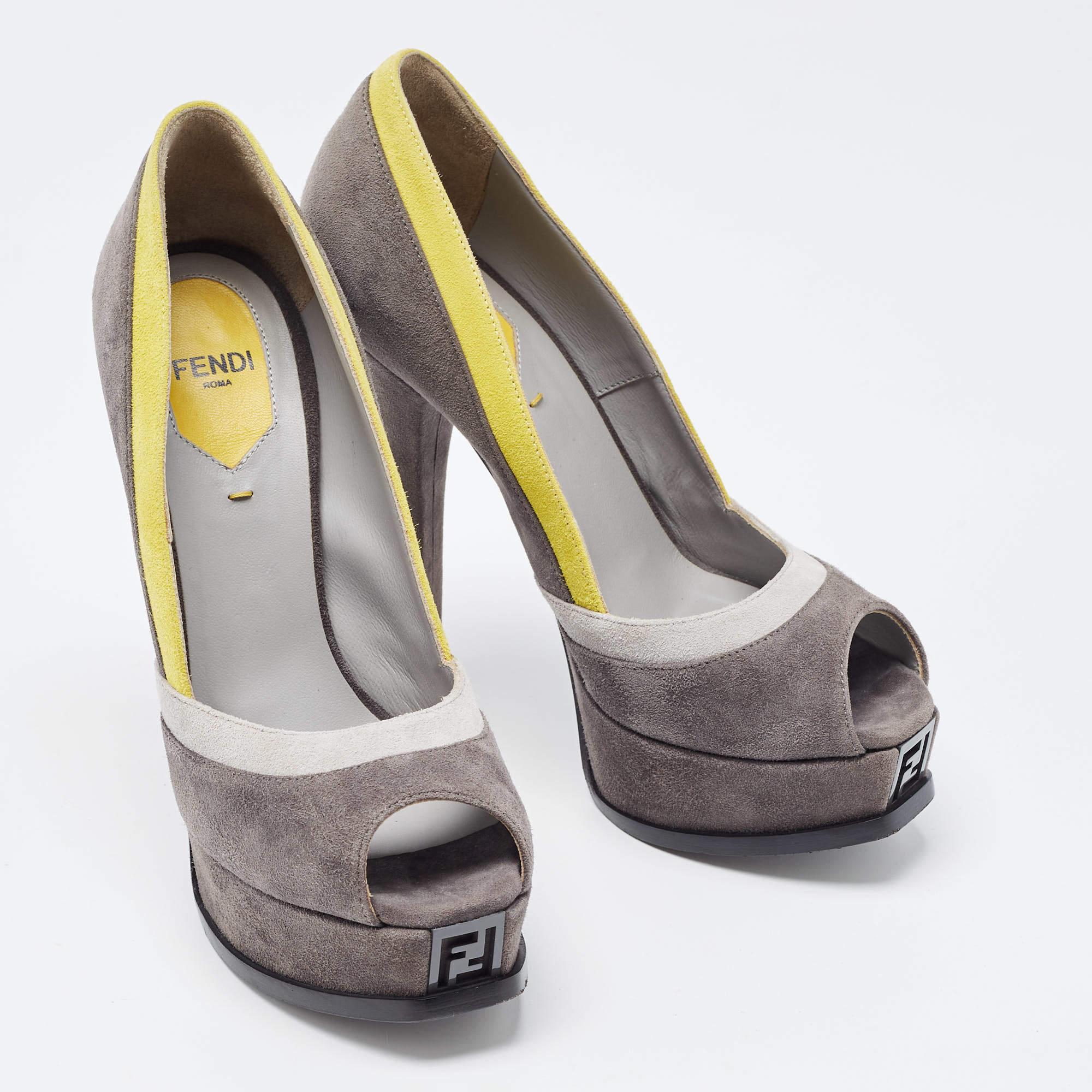 Gray Fendi Grey/Yellow Suede Fendista Peep Toe Platform Pumps Size 36 For Sale