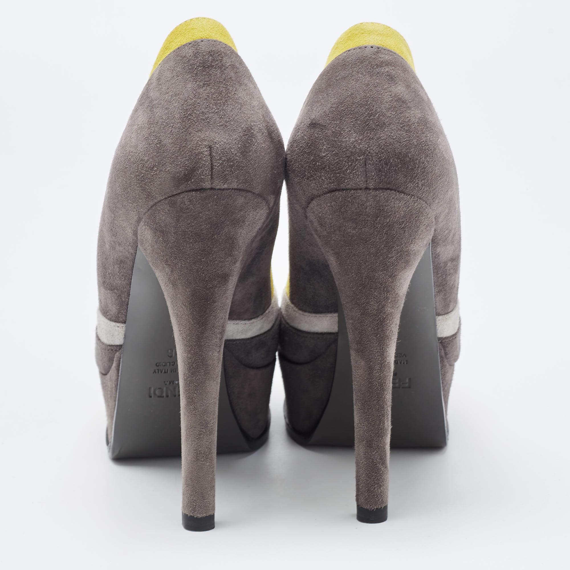 Women's Fendi Grey/Yellow Suede Fendista Peep Toe Platform Pumps Size 36 For Sale