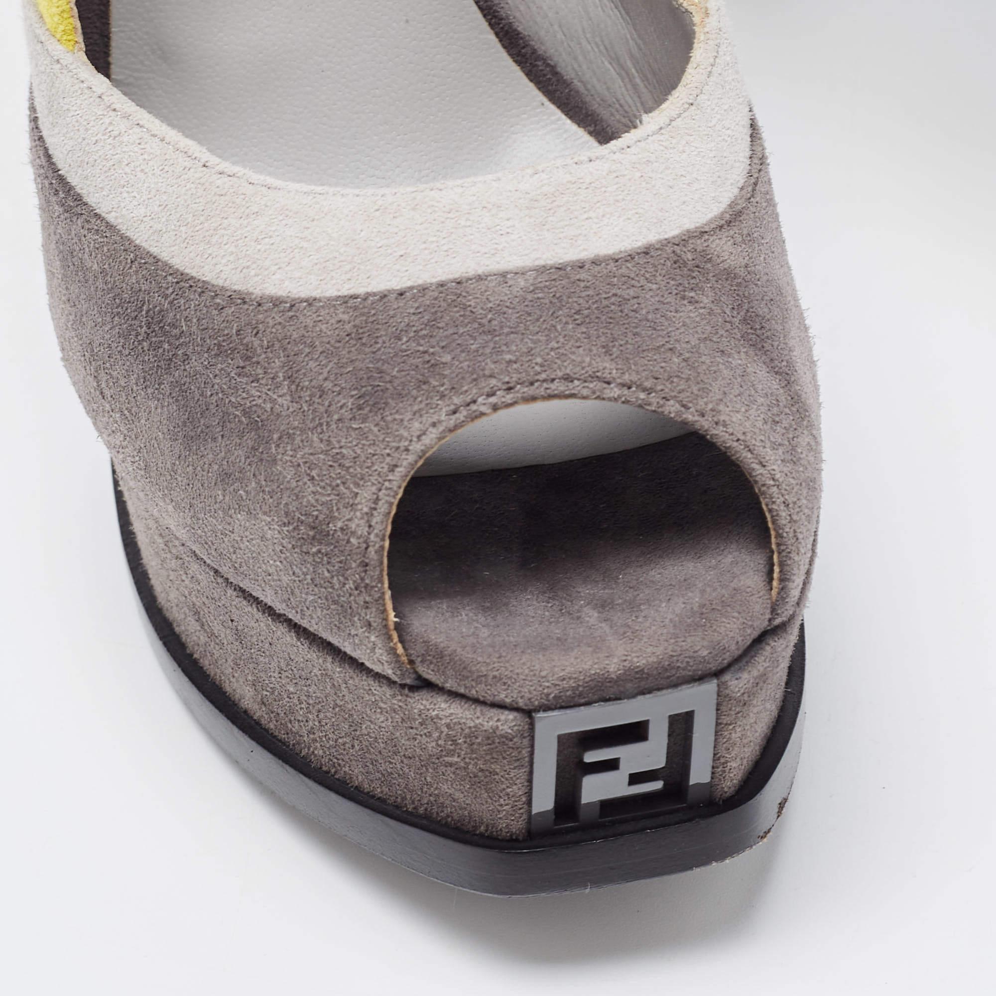Fendi Grey/Yellow Suede Fendista Peep Toe Platform Pumps Size 36 For Sale 1
