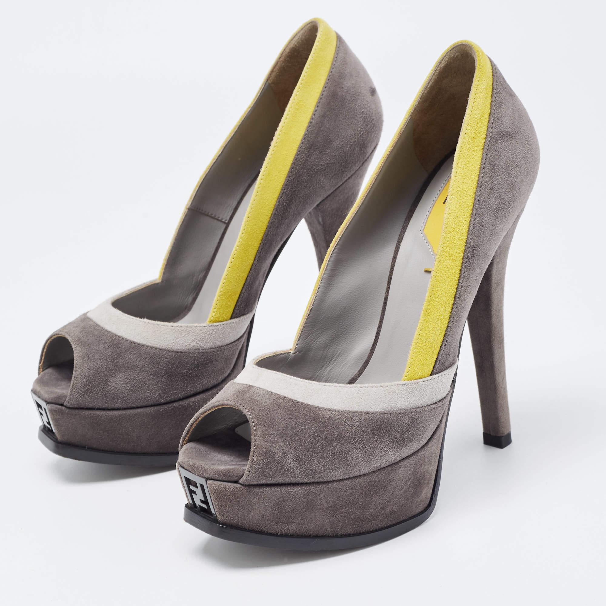Fendi Grey/Yellow Suede Fendista Peep Toe Platform Pumps Size 36 For Sale 2