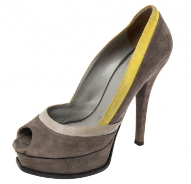 Gray Fendi Grey/Yellow Suede Fendista Peep Toe Platform Pumps Size 39
