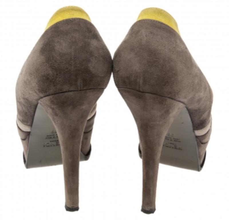 Fendi Grey/Yellow Suede Fendista Peep Toe Platform Pumps Size 39 1
