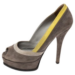 Fendi Grey/Yellow Suede Fendista Peep Toe Platform Pumps Size 39