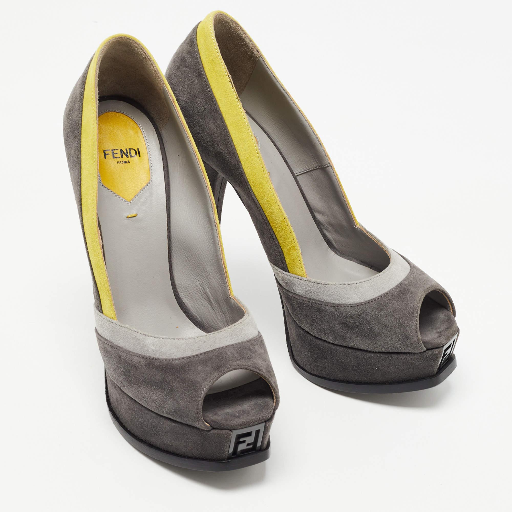 Women's Fendi Grey/Yellow Suede Fendista Platform Pumps Size 37.5