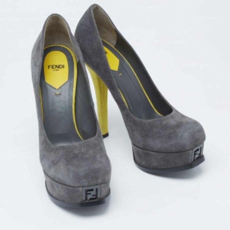 Gray Fendi Grey/Yellow Suede Fendista Platform Pumps Size 39 For Sale
