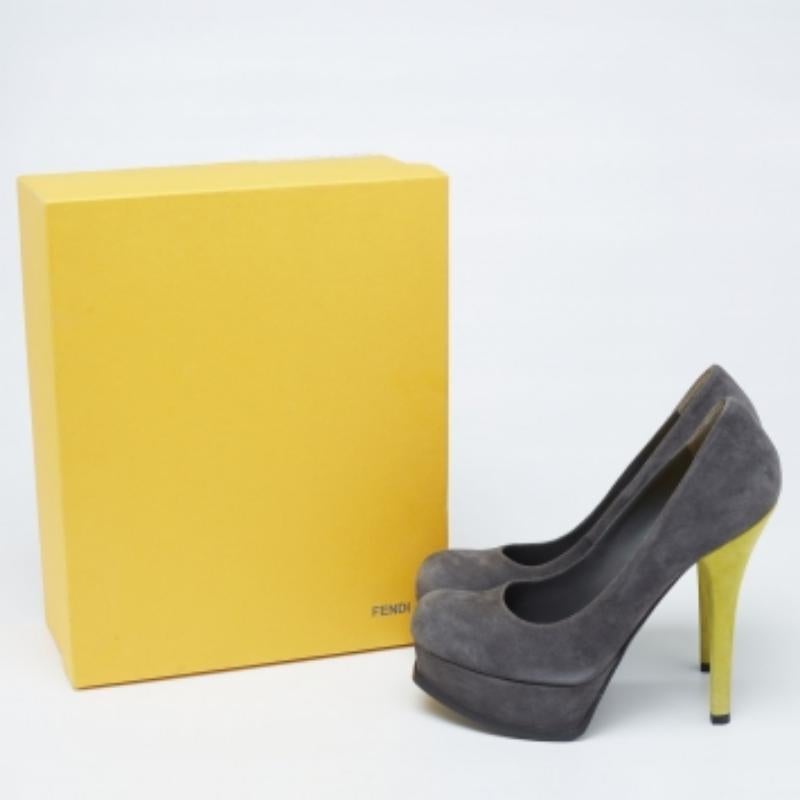 Fendi Grey/Yellow Suede Fendista Platform Pumps Size 39 For Sale 4