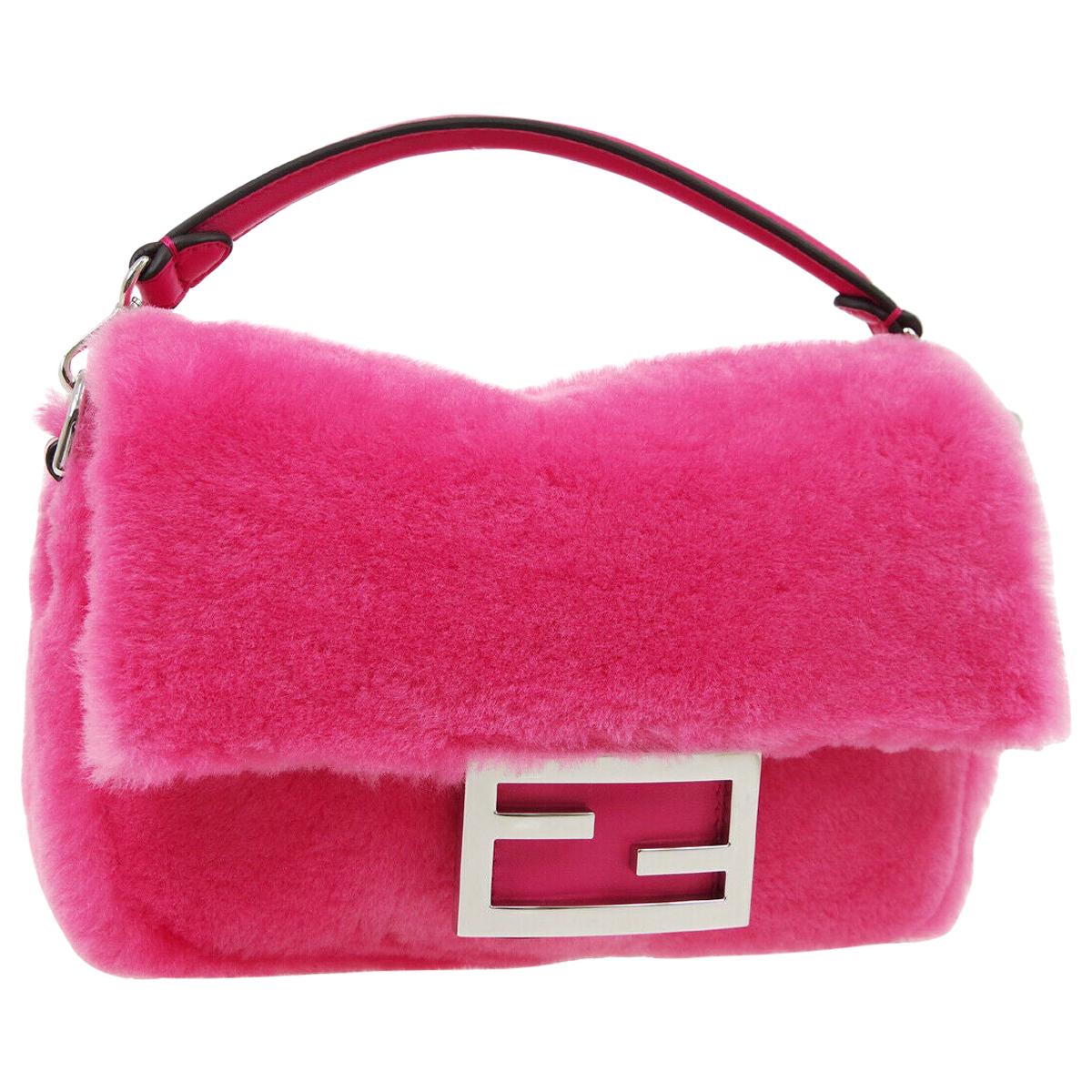 Fendi Hot Pink Fur Fuchsia Silver Small Top Handle Shoulder