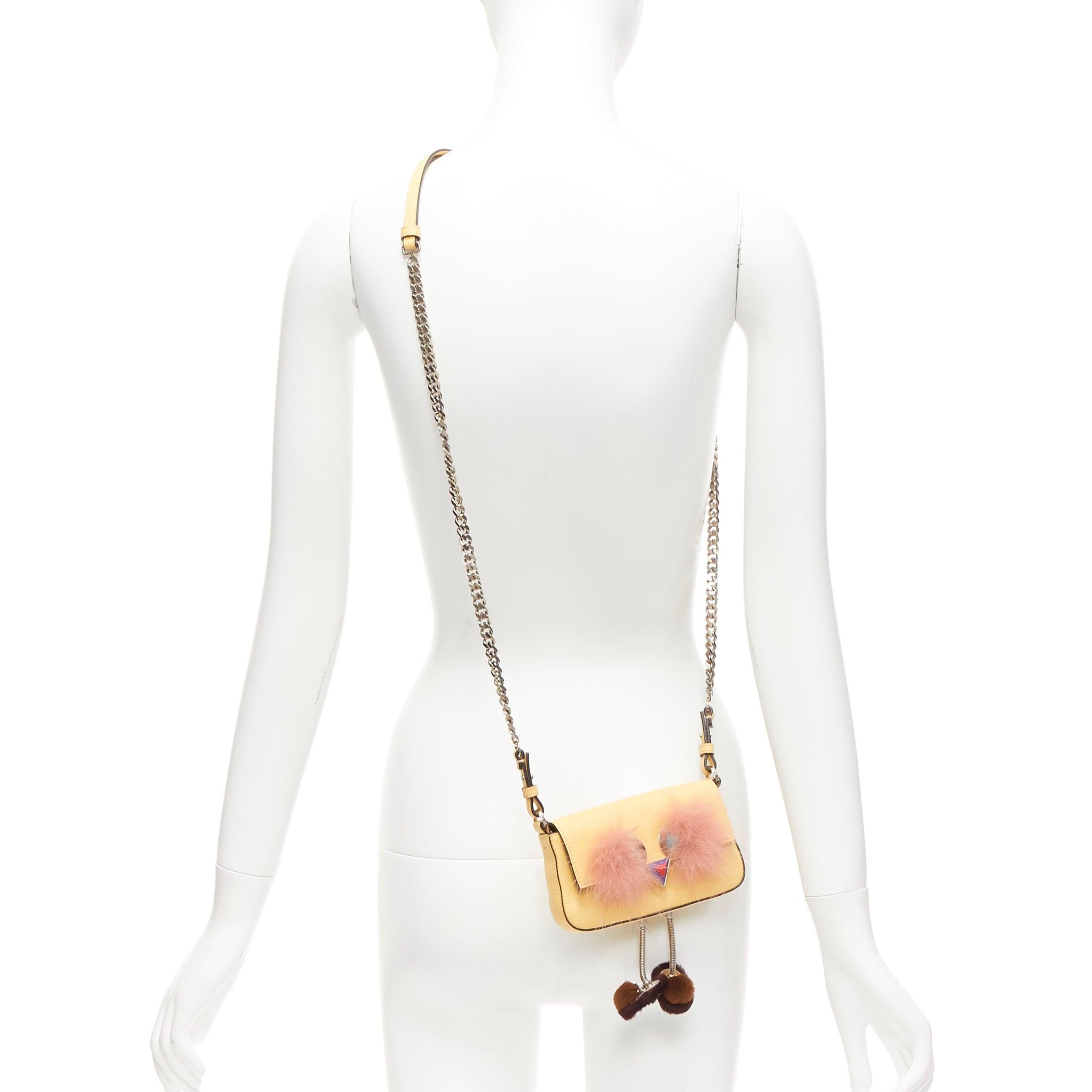 FENDI Hypnoteyes Micro Baguette pink rabbit fur yellow leather duckling bag In Good Condition For Sale In Hong Kong, NT