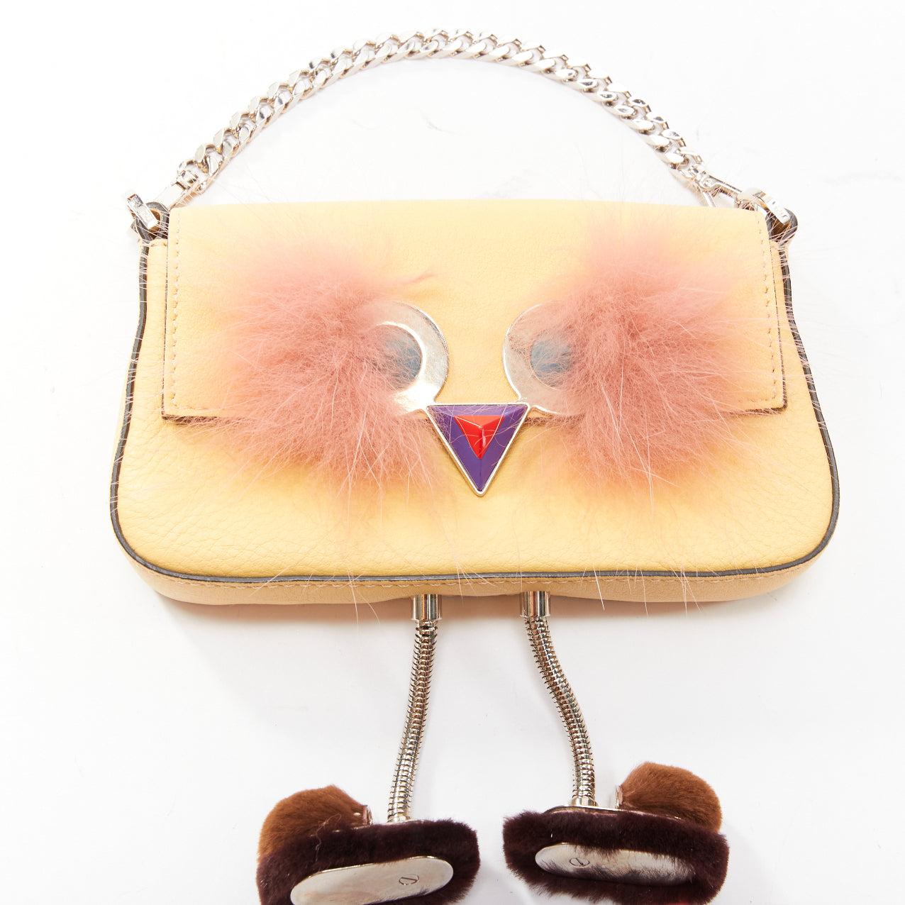 FENDI Hypnoteyes Micro Baguette pink rabbit fur yellow leather duckling bag For Sale 3