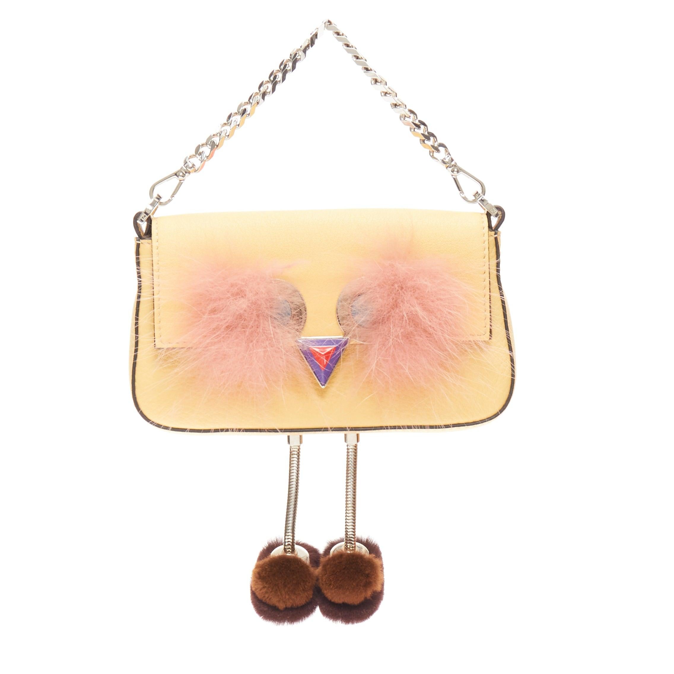 FENDI Hypnoteyes Micro Baguette pink rabbit fur yellow leather duckling bag For Sale