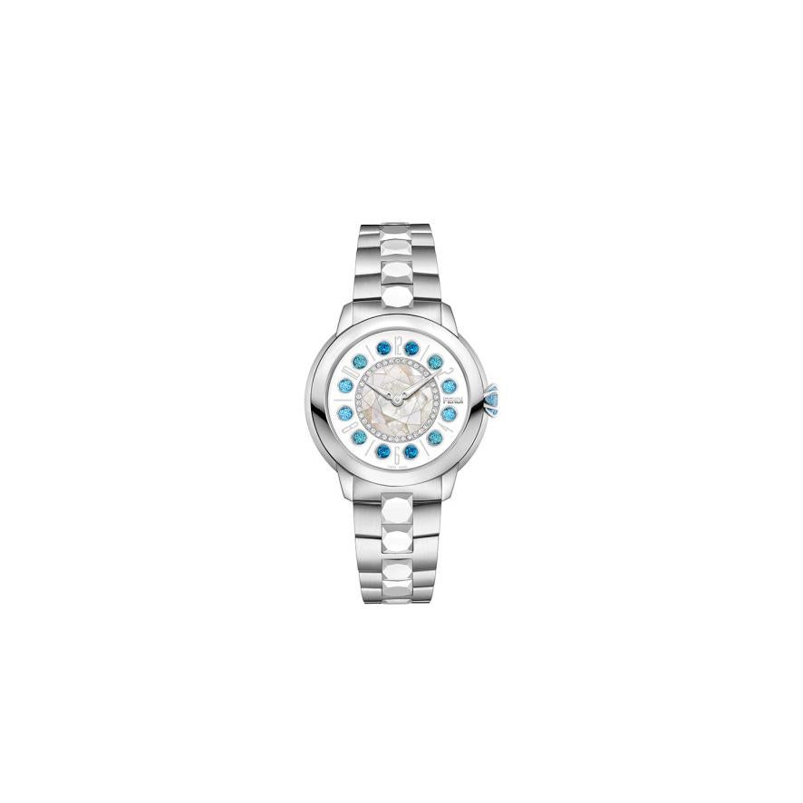 FENDI ISHINE WHITE 33 MM F121024500D2T07
*This watch consists of interchangeable hour markers. 
Rotating gemstones mechanism activated by the twist of the crown.

Gender: Women's
Condition: Brand-New with Box, Papers & Booklet
Warranty: 2 years