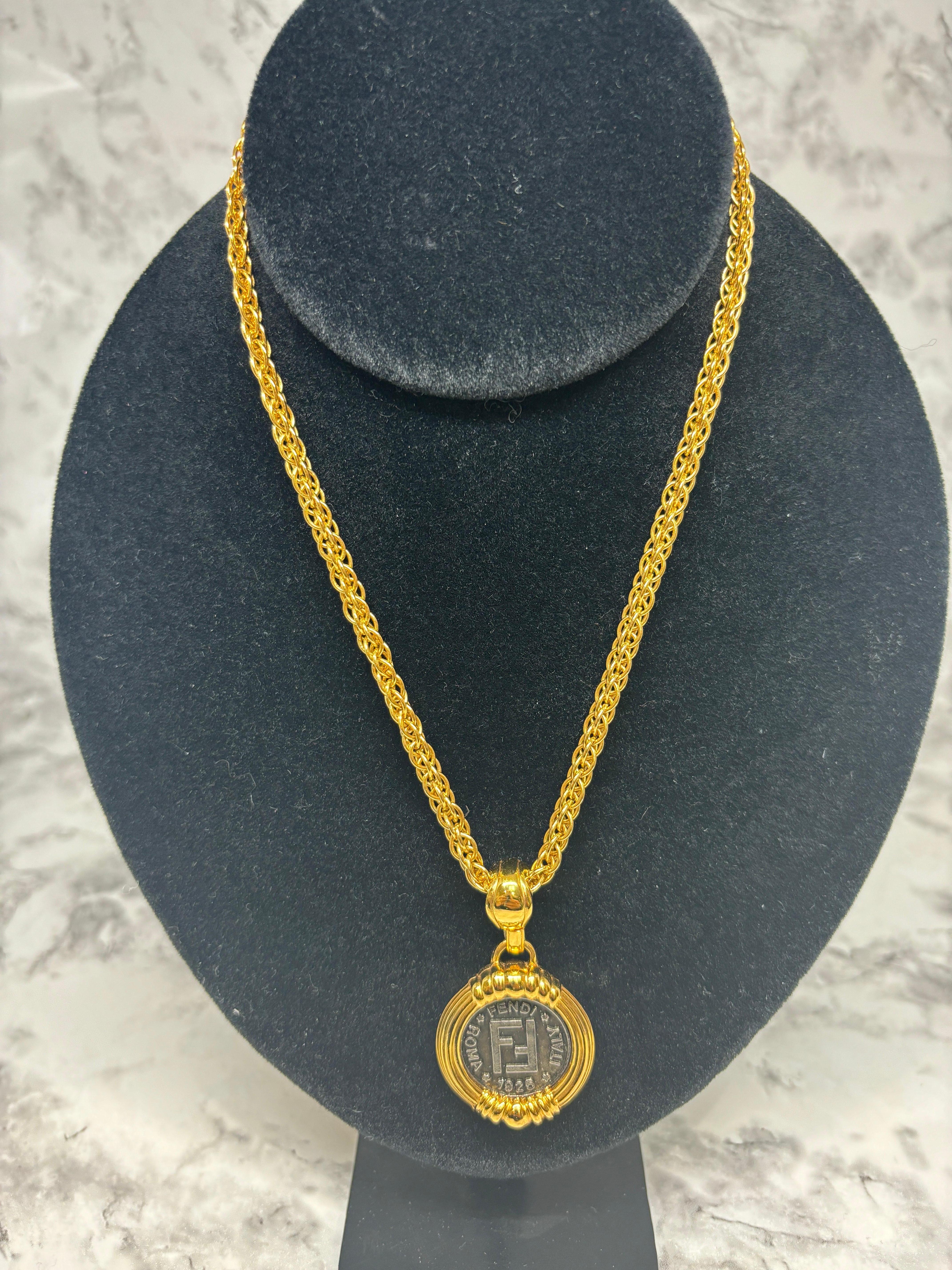 Fendi Italian Double Sided Coin Pendant Toggle Gold Plated Necklace  For Sale 6