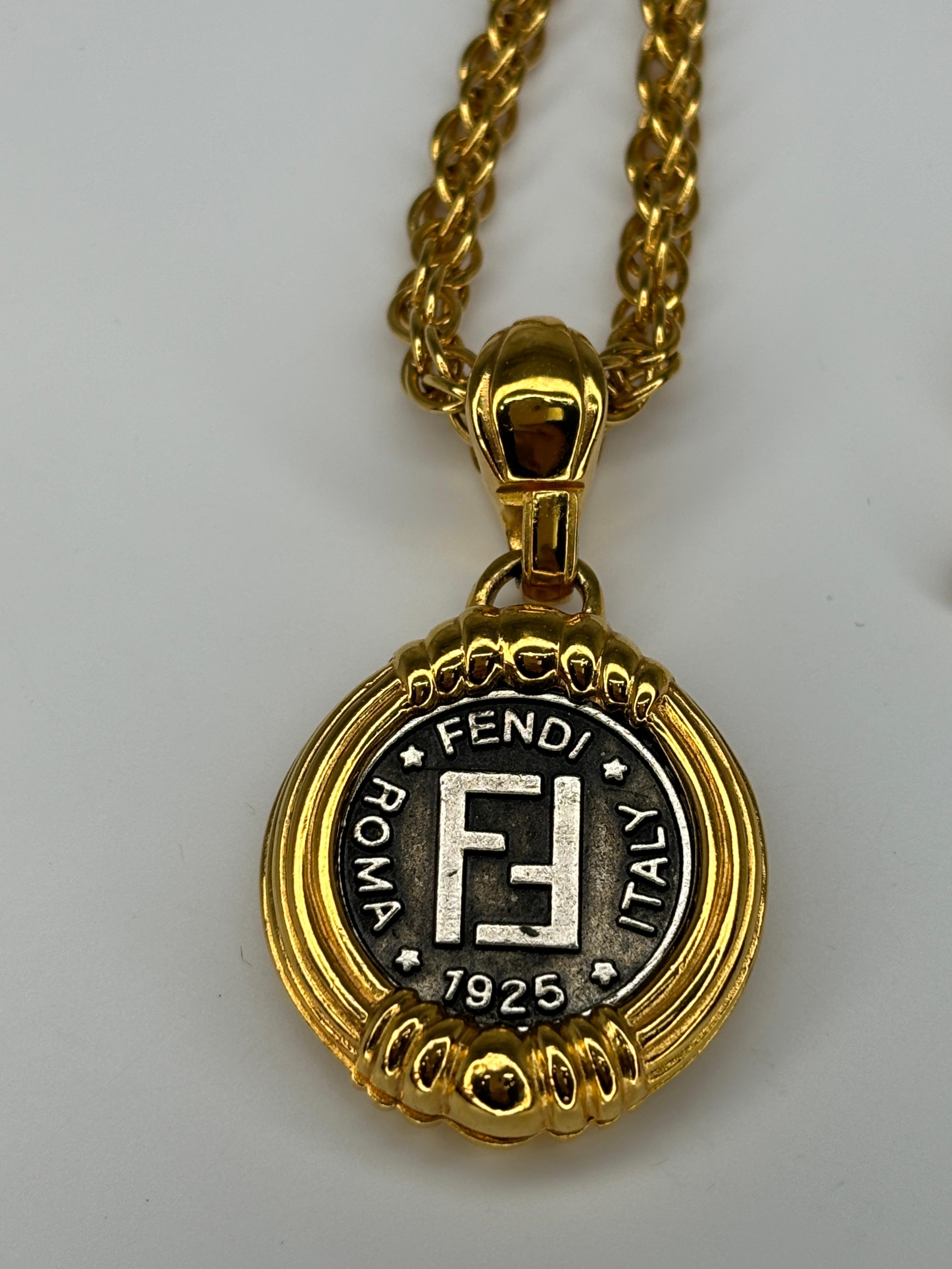 Fendi Italian Double Sided Coin Pendant Toggle Gold Plated Necklace  For Sale 7