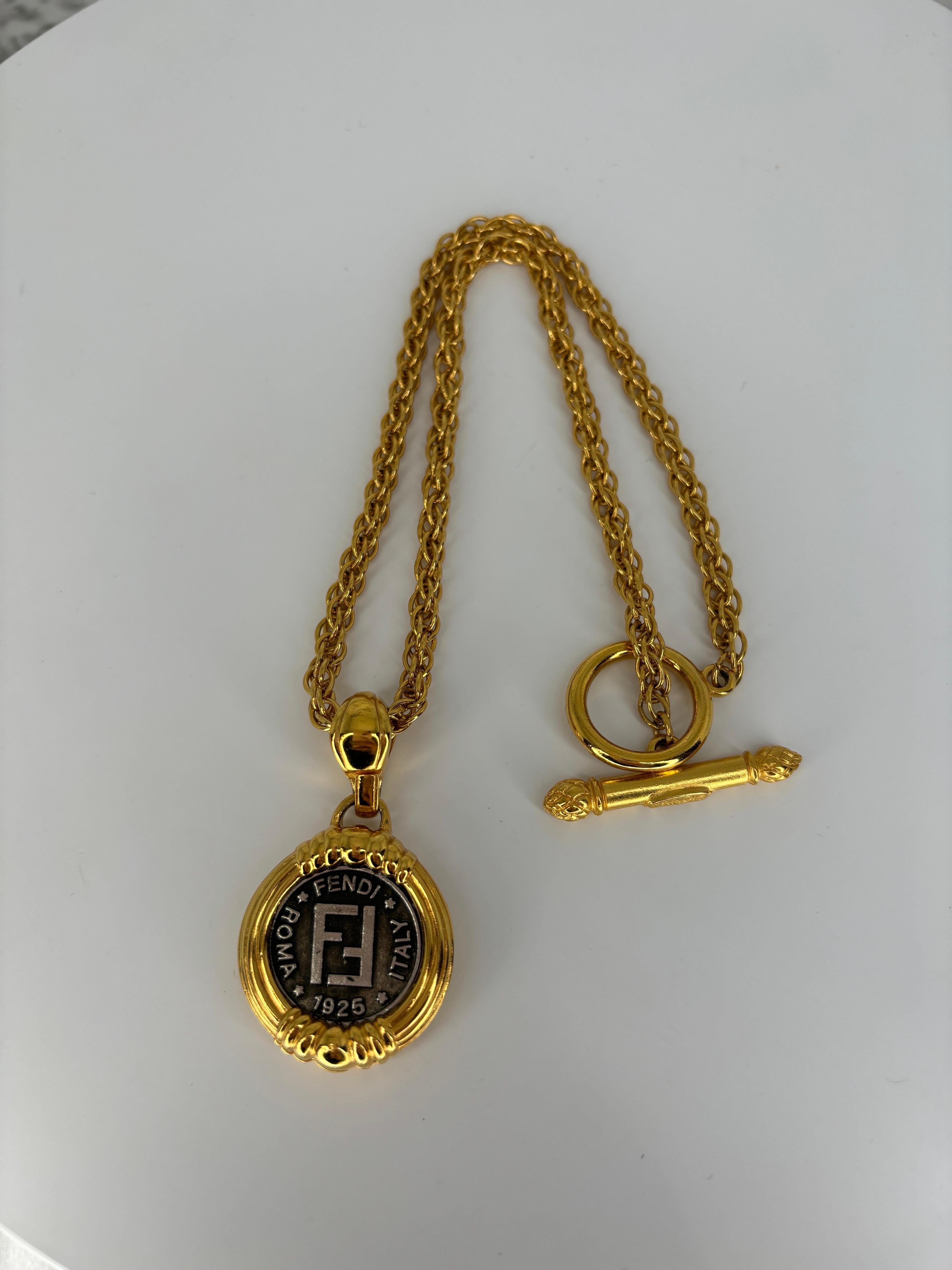 Fendi Italian Double Sided Coin Pendant Toggle Gold Plated Necklace  For Sale 9