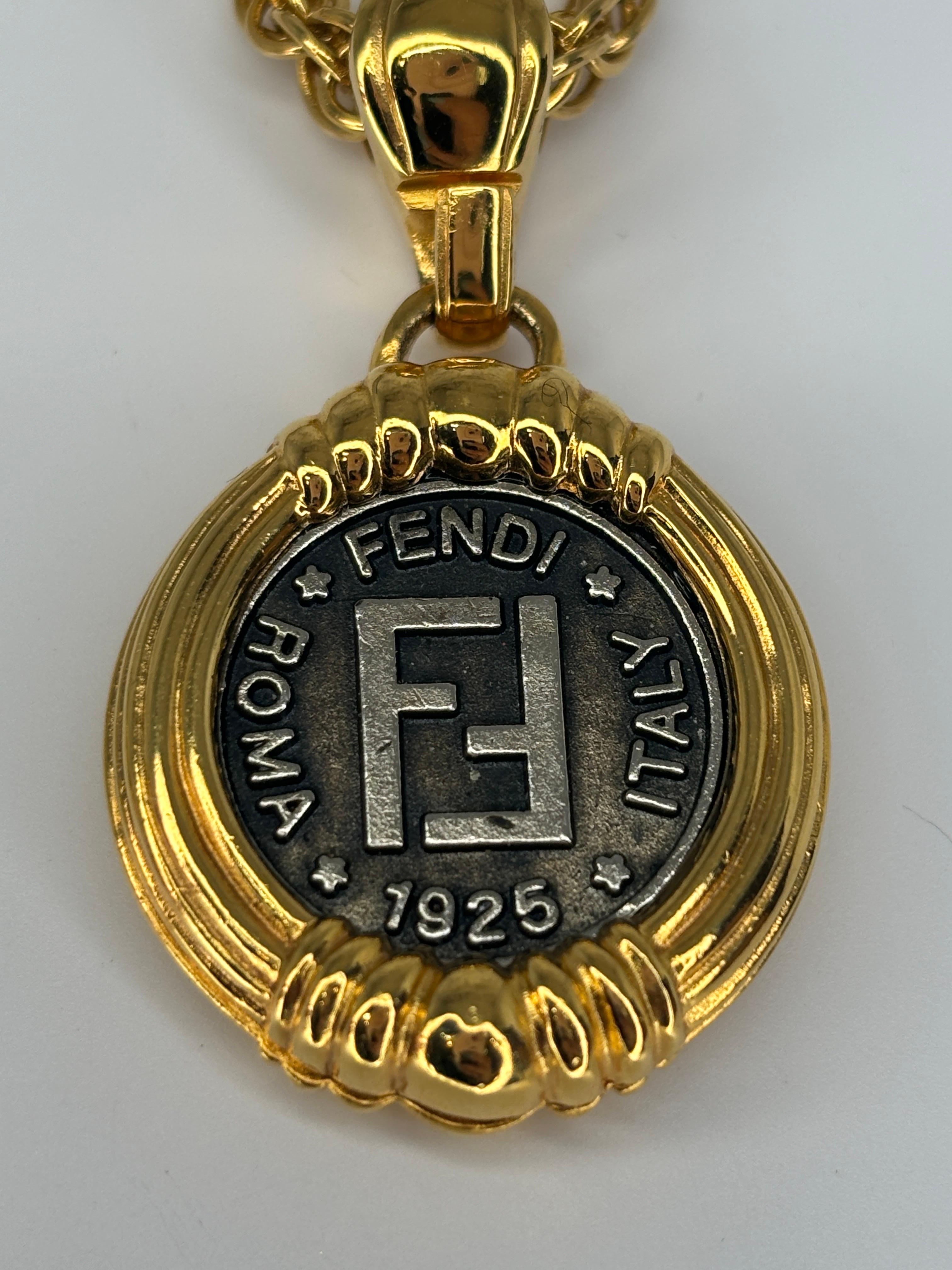 Classical Greek Fendi Italian Double Sided Coin Pendant Toggle Gold Plated Necklace  For Sale