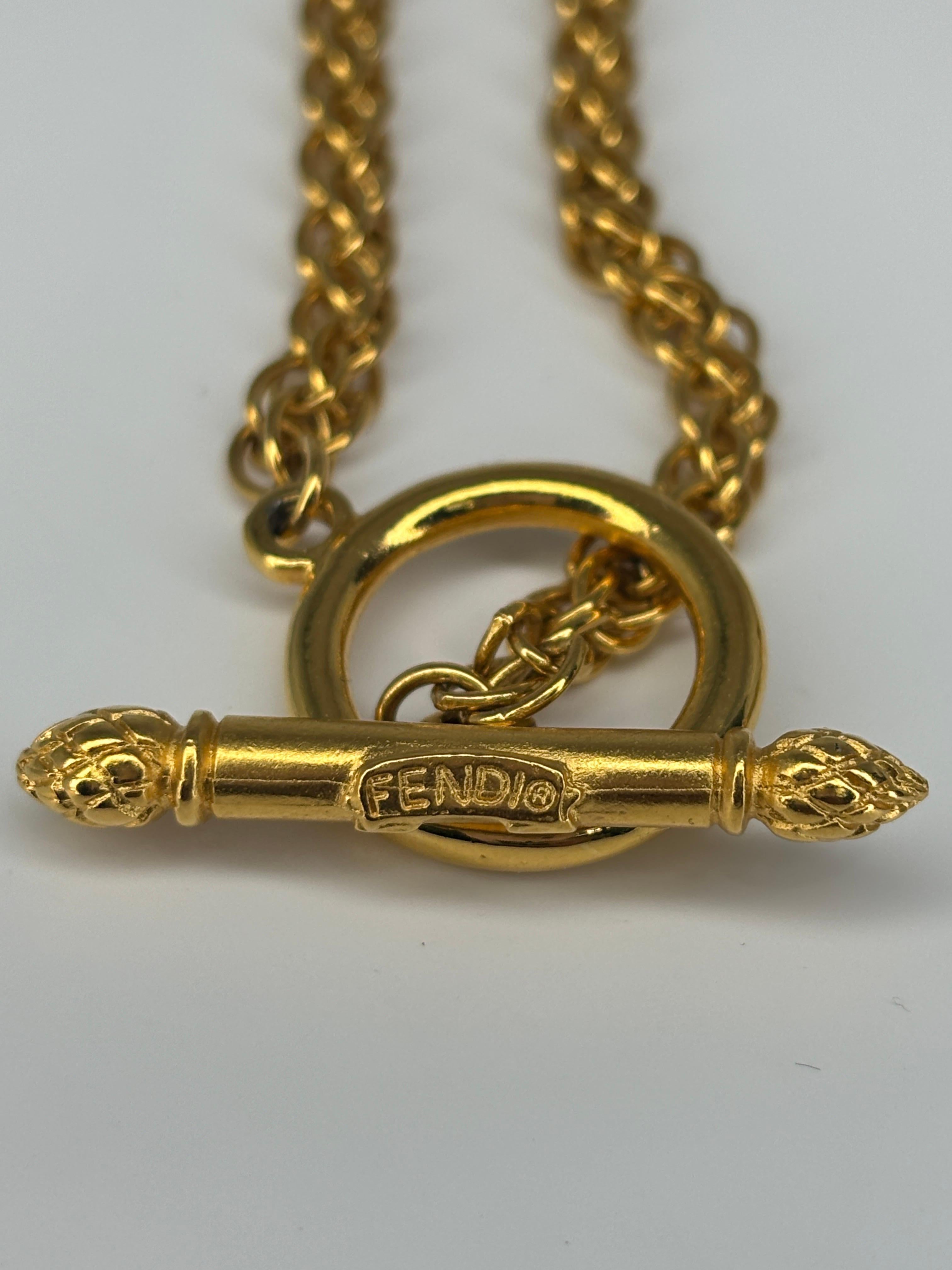 Classical Greek Fendi Italian Double Sided Coin Pendant Toggle Gold Plated Necklace  For Sale