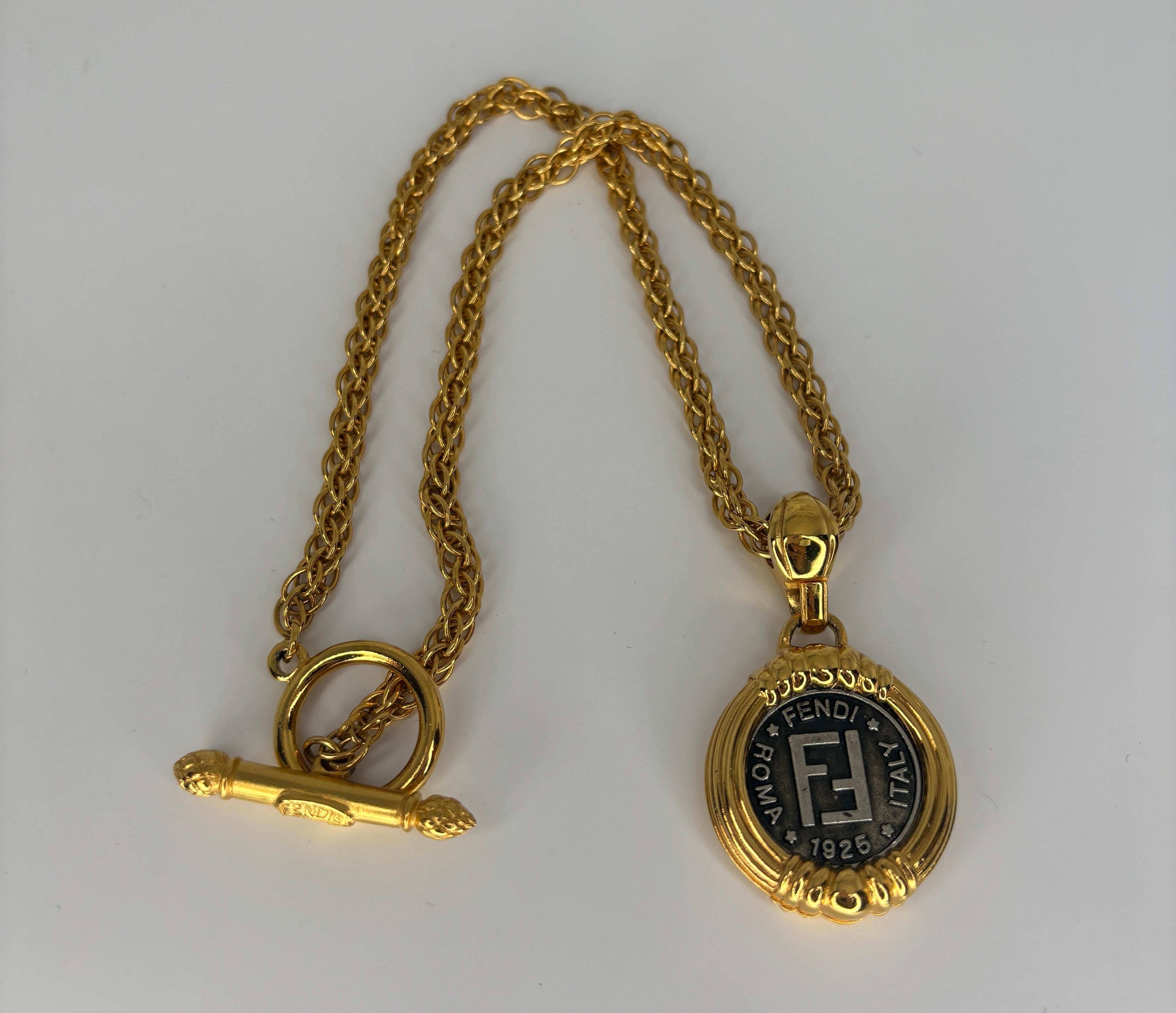 Women's or Men's Fendi Italian Double Sided Coin Pendant Toggle Gold Plated Necklace  For Sale