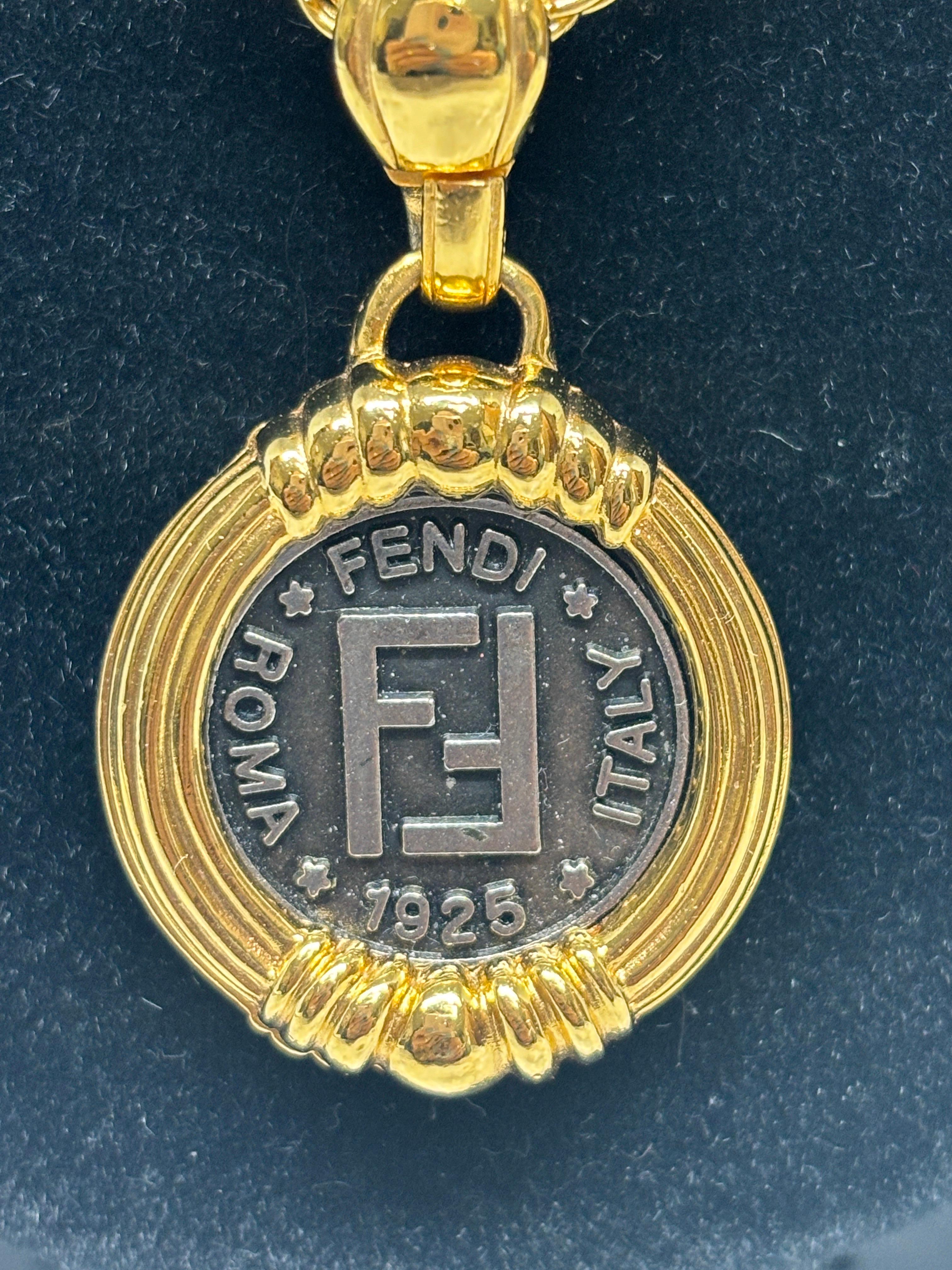 Fendi Italian Double Sided Coin Pendant Toggle Gold Plated Necklace  For Sale 3