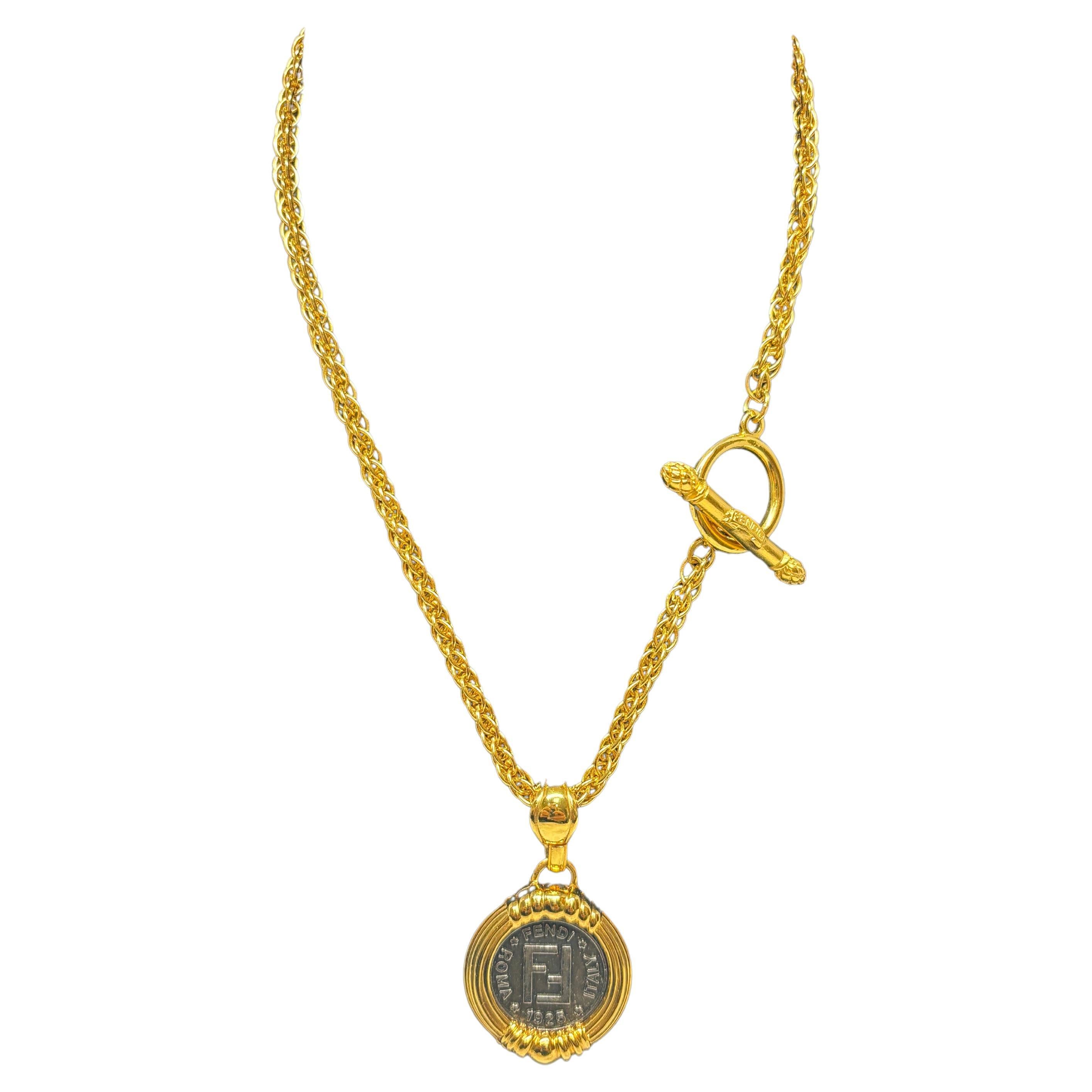 Fendi Italian Double Sided Coin Pendant Toggle Gold Plated Necklace  For Sale