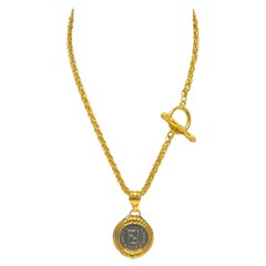 Fendi Italian Double Sided Coin Pendant Toggle Gold Plated Necklace 