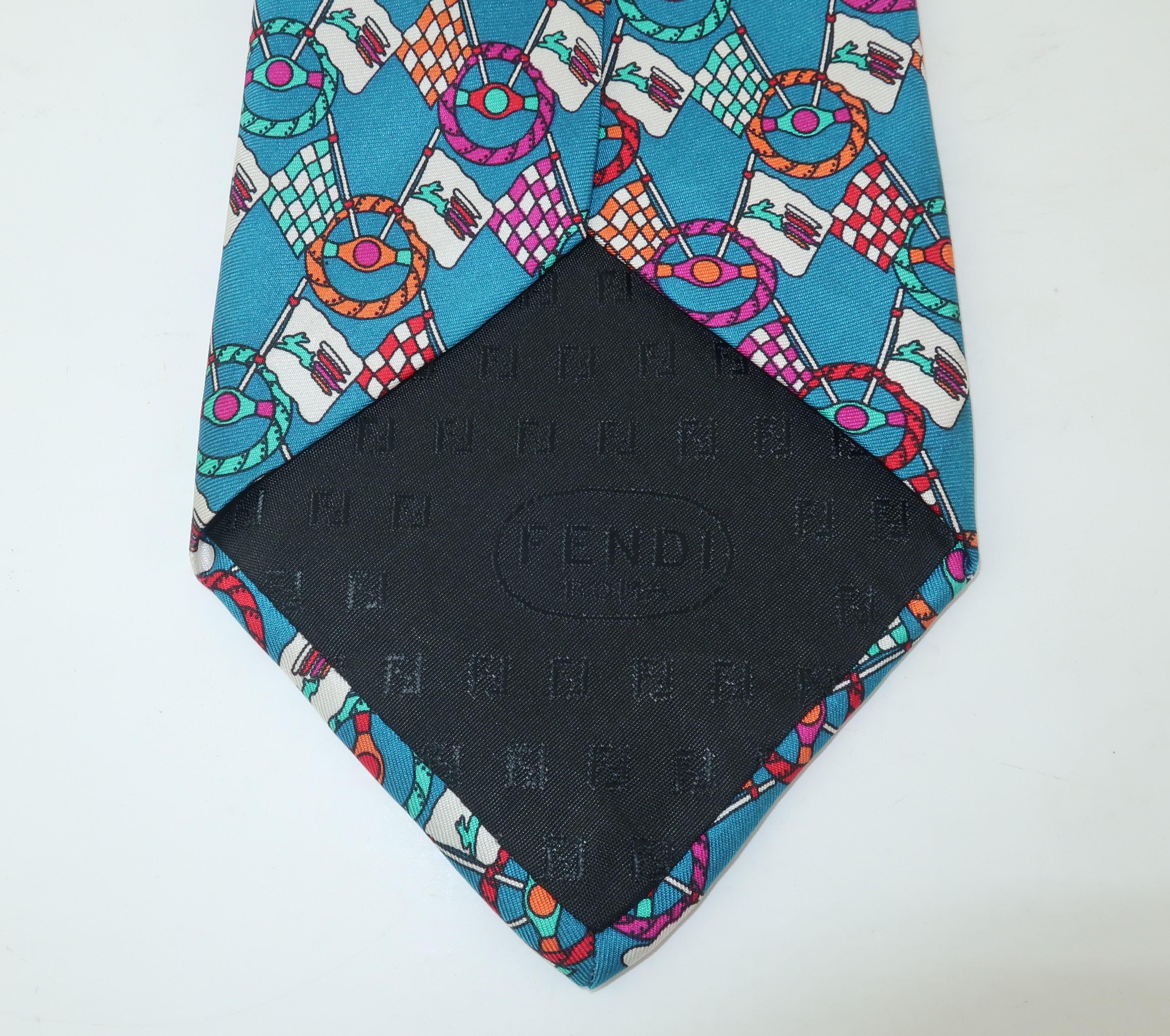 Fendi Italian Silk Necktie With Auto Racing Motif In Fair Condition In Atlanta, GA