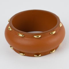Fendi Italy Cognac Calf Leather Bangle Bracelet with Brass Studs