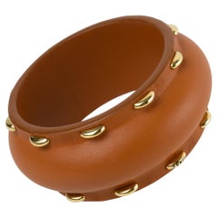 Fendi Italy Cognac Calf Leather Bangle Bracelet with Brass Studs