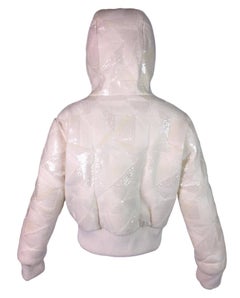 Fendi Ivory Beaded and Sequin Hoodie Hooded Down Puffer Jacket Coat with Fur