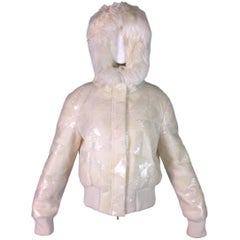 Fendi Ivory Beaded and Sequin Hoodie Hooded Down Puffer Jacket Coat with Fur