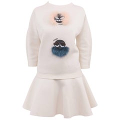 Fendi Ivory Fur Trim Monster Bag Bug Dress with Flounce