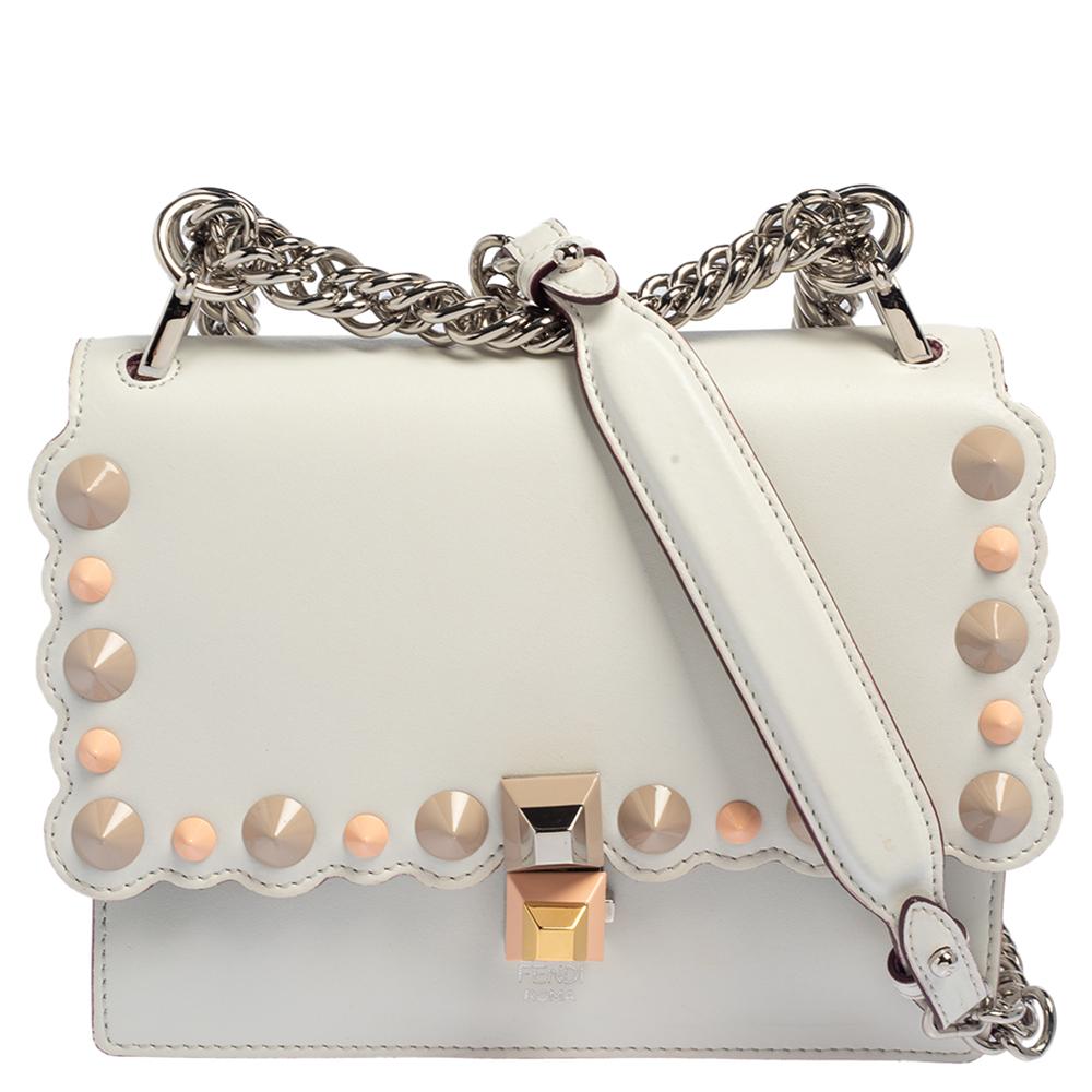 Fendi Ivory Leather Small Kan I Scalloped Top Handle Bag