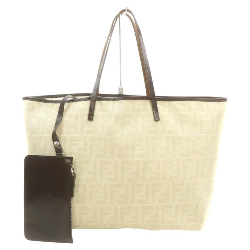 Fendi Ivory x Brown Monogram FF Zucca Roll Tote Bag with Pouch 863240 en vente