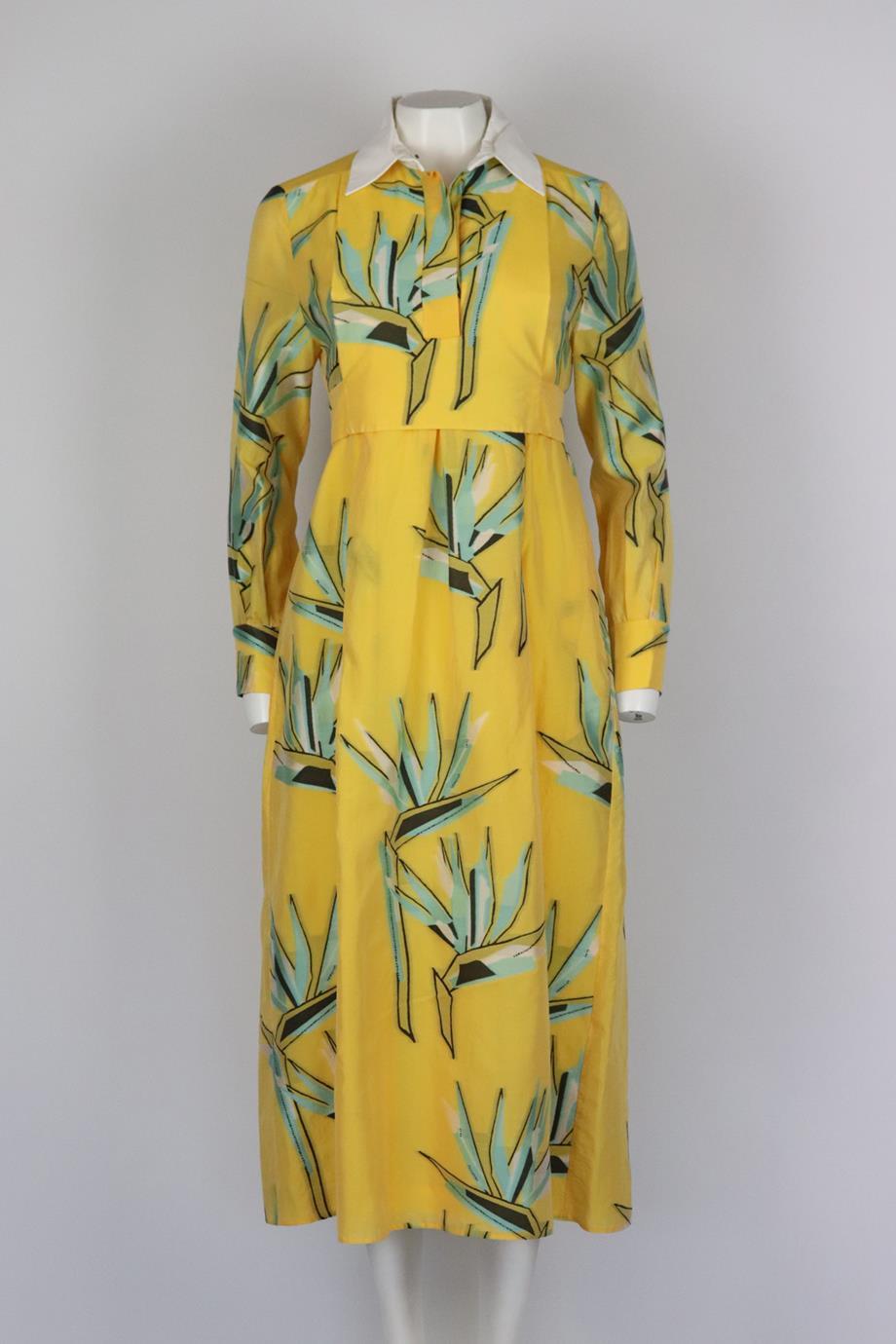 Fendi jacquard cotton blend midi dress. Yellow, Green, Black & White. Long sleeve, crew neck. Slips on. 50% Cotton, 32% silk, 18% polyester; lining: 100% cotton. Size: IT 40 (UK 8, US 4, FR 36). Bust: 39 in. Waist: 41 in. Hips: 56 in. Length: 50 in.