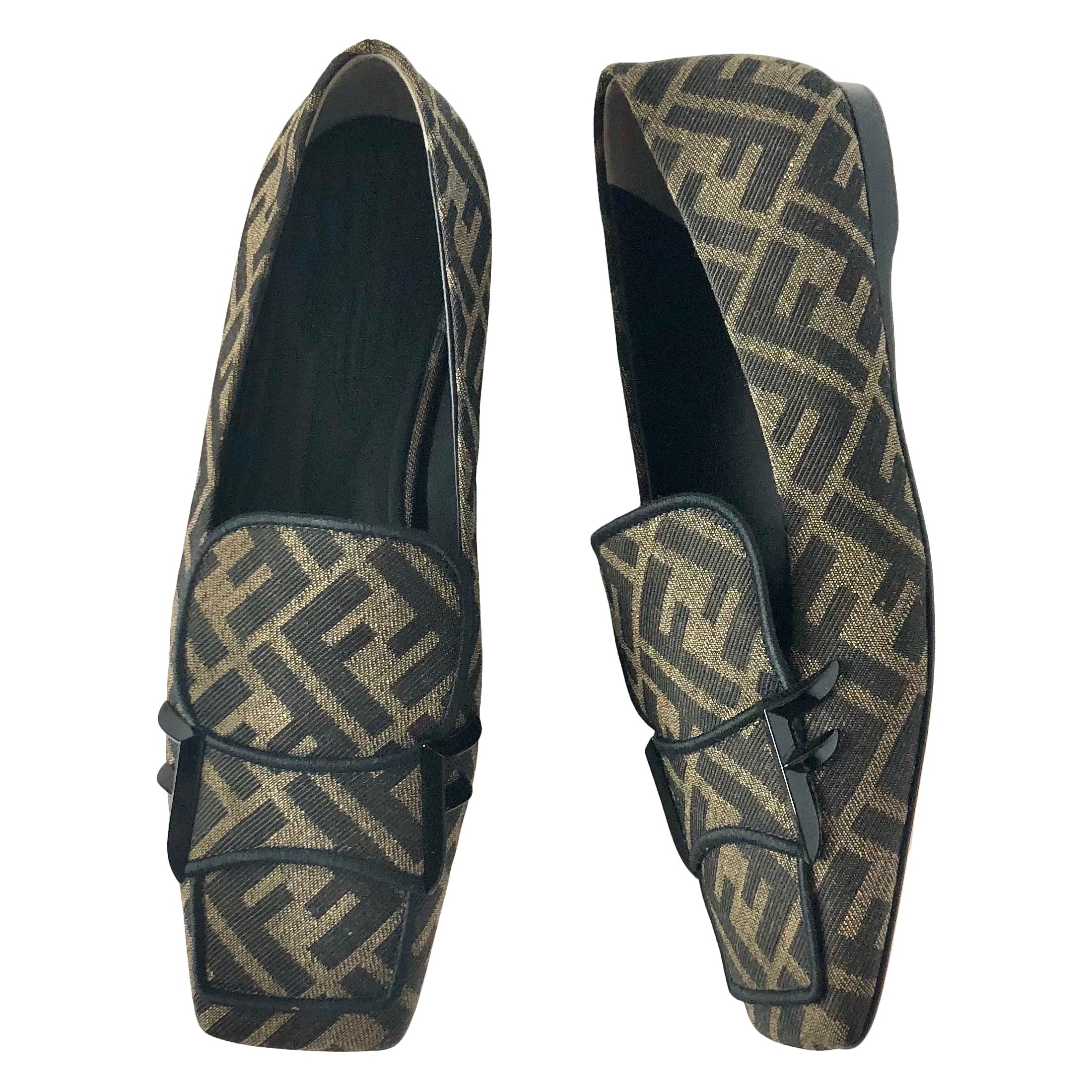 Fendi Jacquard Ffreedom Square Toe FF Zucca Logo Ballet Flats Loafers 36.5 in vendita