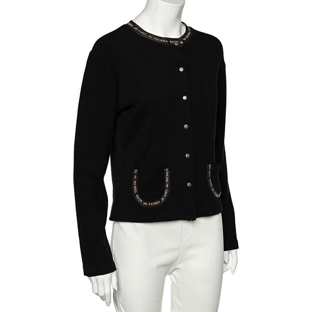 Fendi Jeans Black Wool Knit Logo Trim Detail Button Front Cardigan L In Good Condition In Dubai, Al Qouz 2
