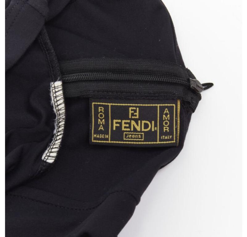 FENDI JEANS Vintage nero logo monogramma ricamato pizzo ritagliato abito sottoveste S in vendita 3