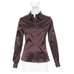 FENDI JEANS Vintage chocolate brown satin FF logo buttons fitted dress shirt