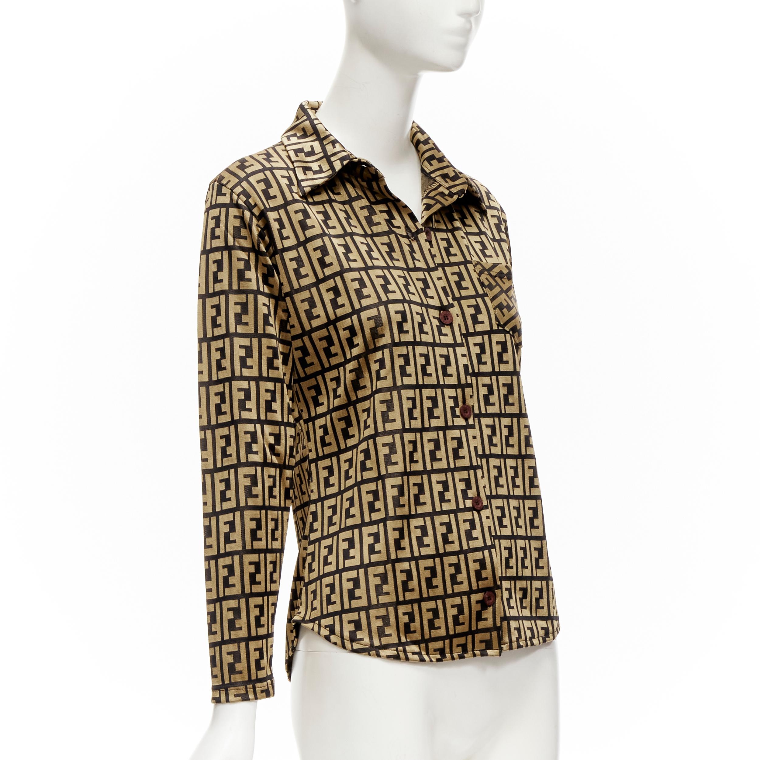 Brown FENDI JEANS Vintage gold black FF Zucca monogram slim shirt XS