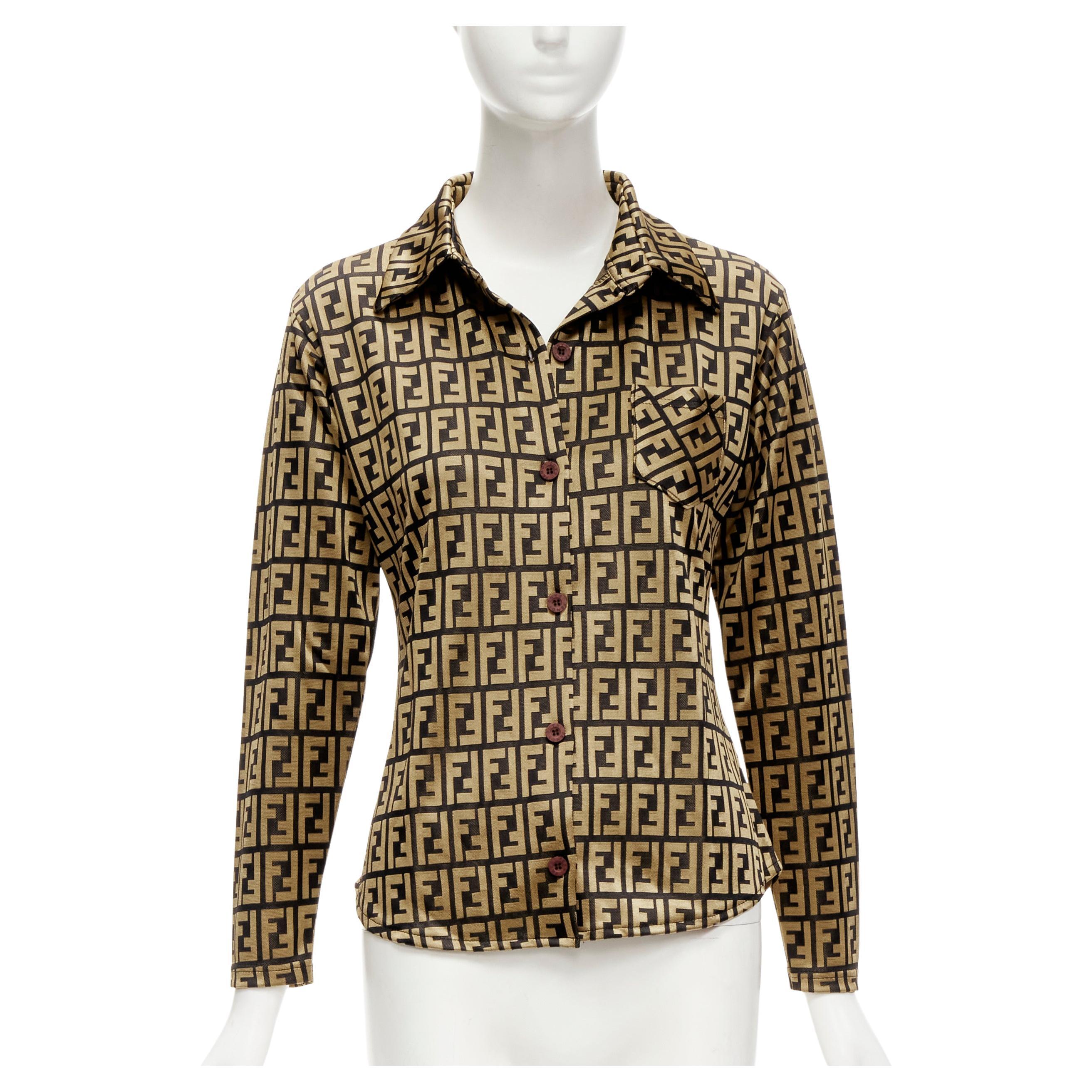 FENDI JEANS Vintage gold black FF Zucca monogram slim shirt XS For Sale
