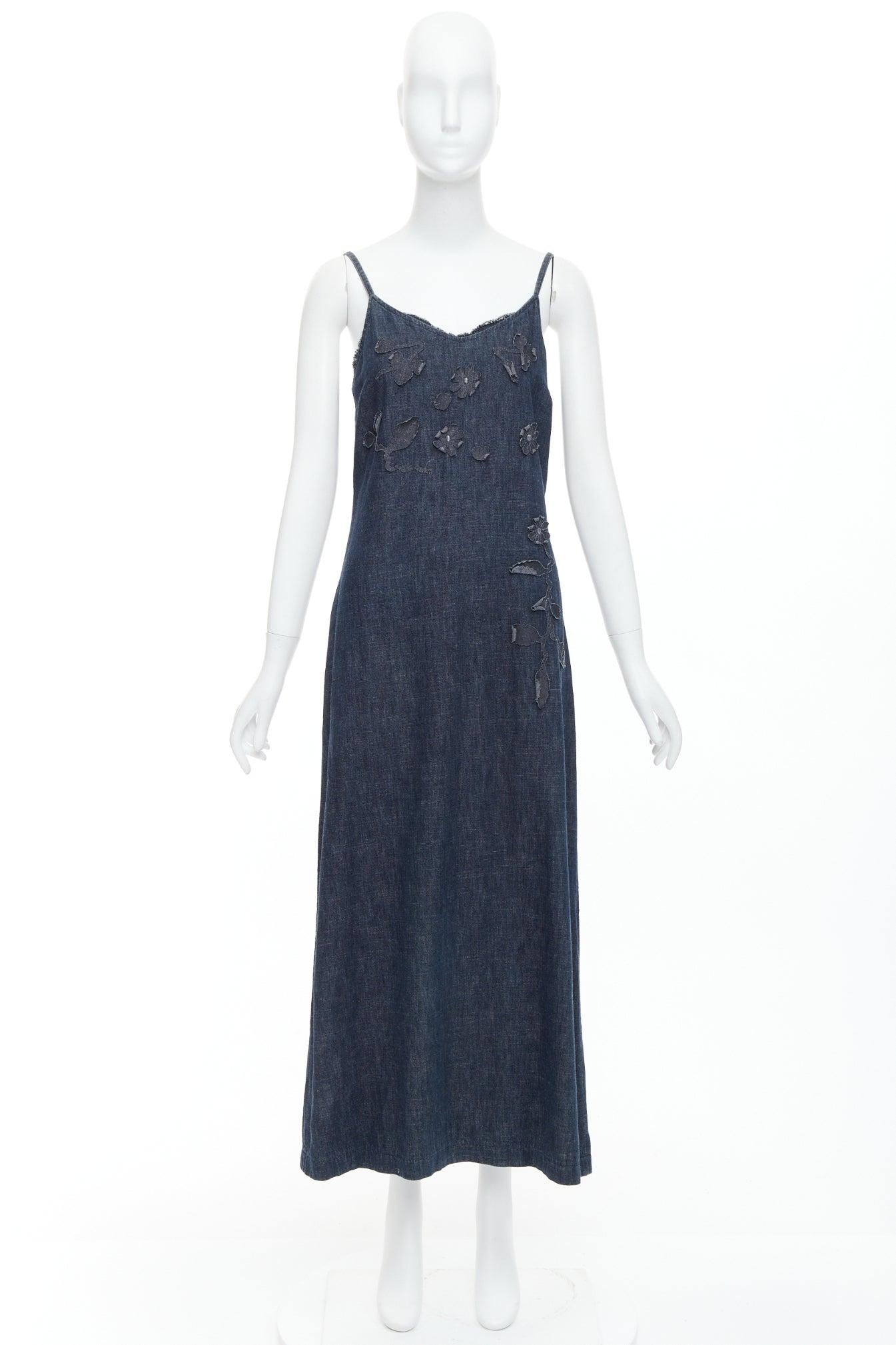 FENDI JEANS Vintage indigo  blue denim floral applique casual midi dress For Sale 4