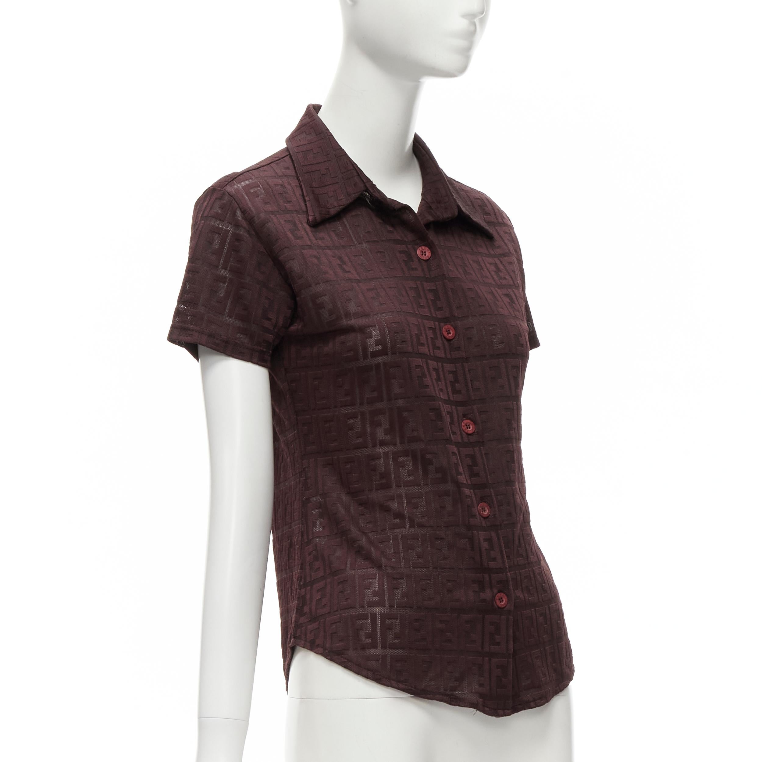 Black FENDI JEANS Vintage Y2K burgundy FF Zucca intarsia sheer polo shirt