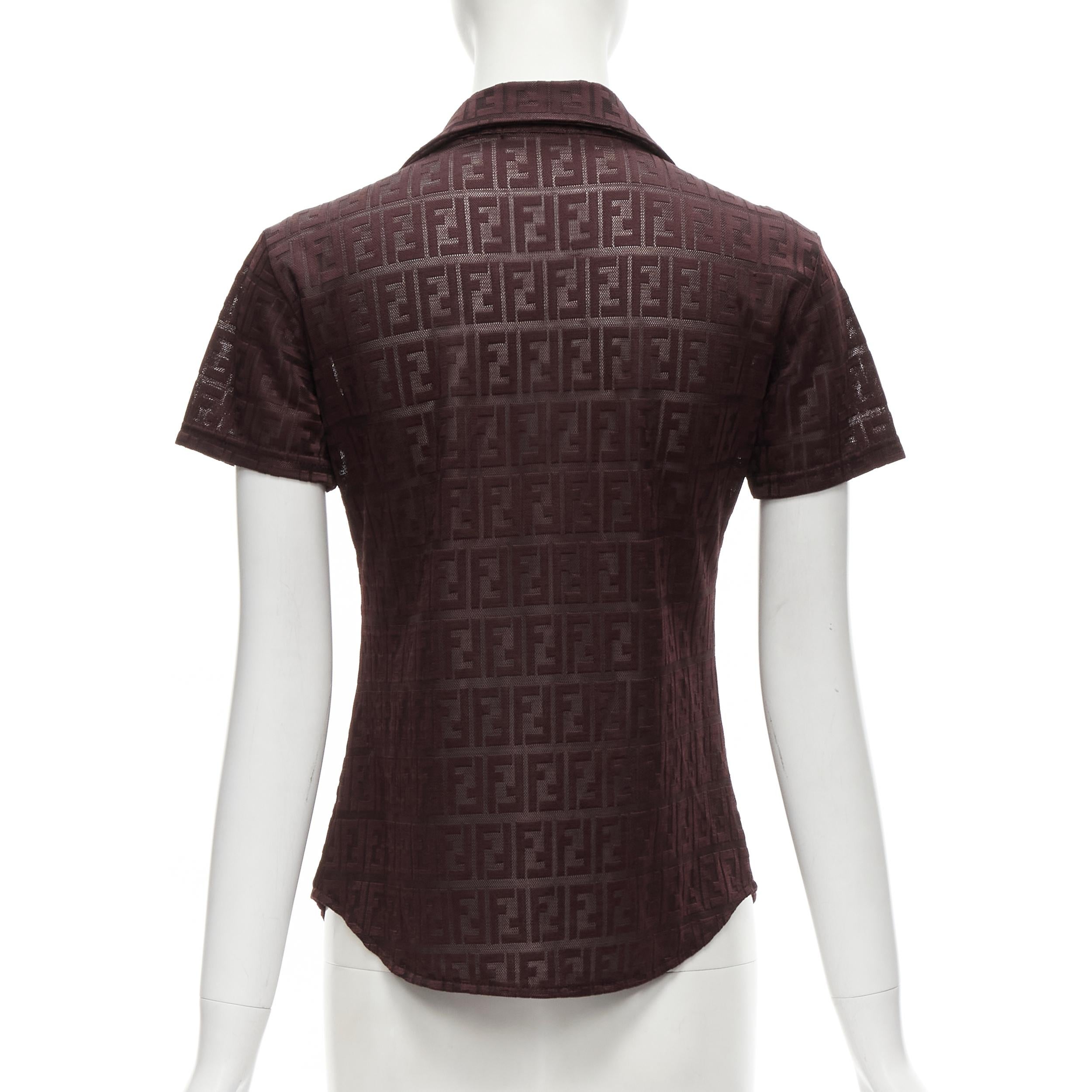 Women's FENDI JEANS Vintage Y2K burgundy FF Zucca intarsia sheer polo shirt For Sale