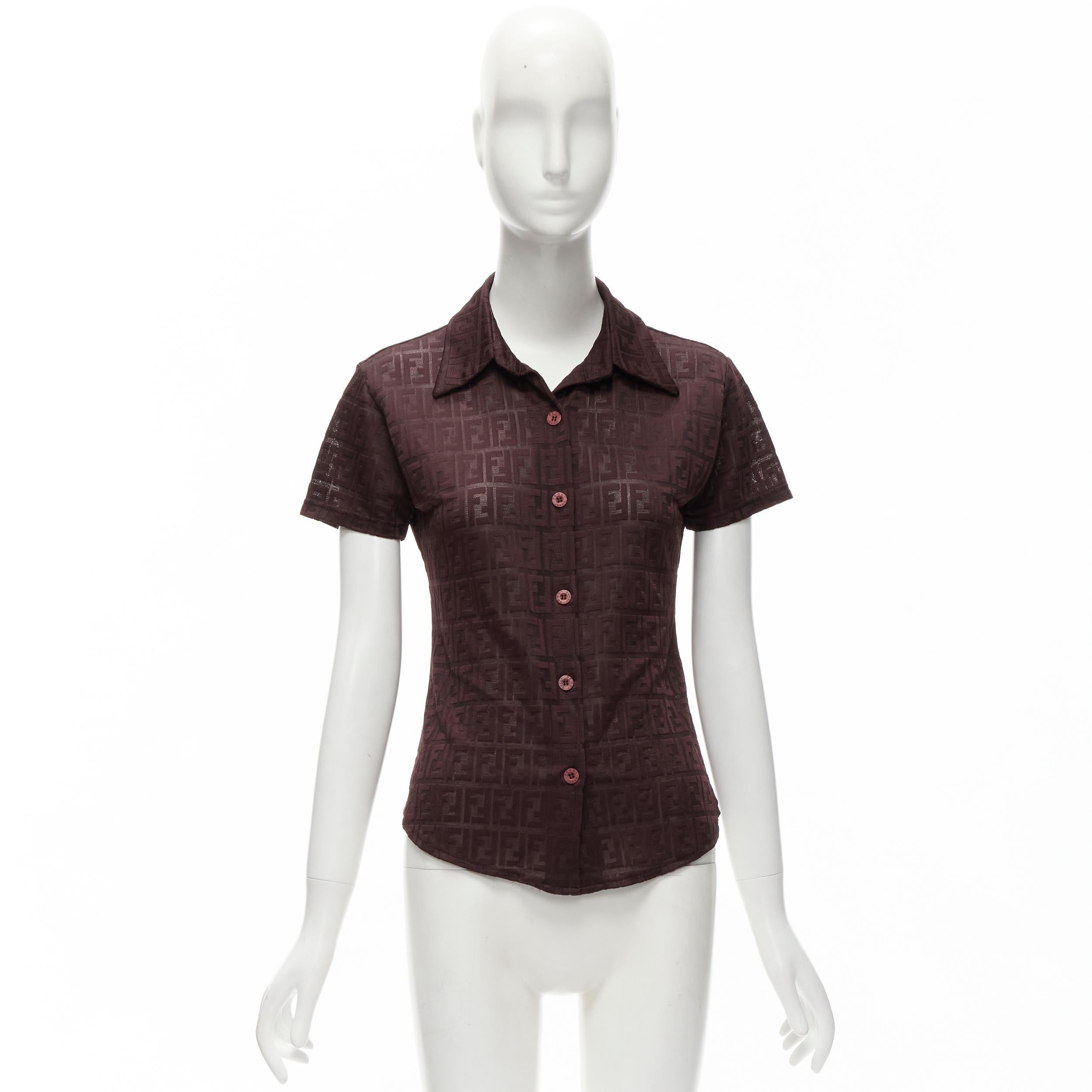 FENDI JEANS Vintage Y2K burgundy FF Zucca intarsia sheer polo shirt 4