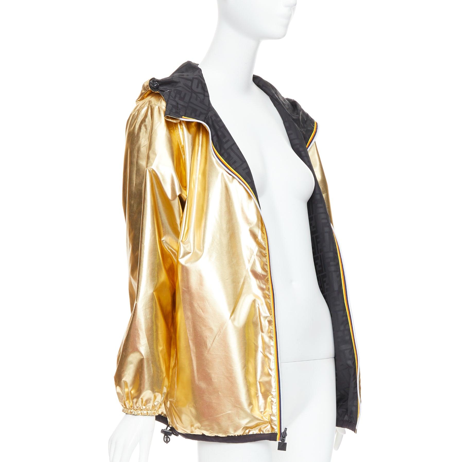 FENDI K-WAY Metallic Gold Schwarz FF reversible wasserdichter Windbreaker S Damen im Angebot