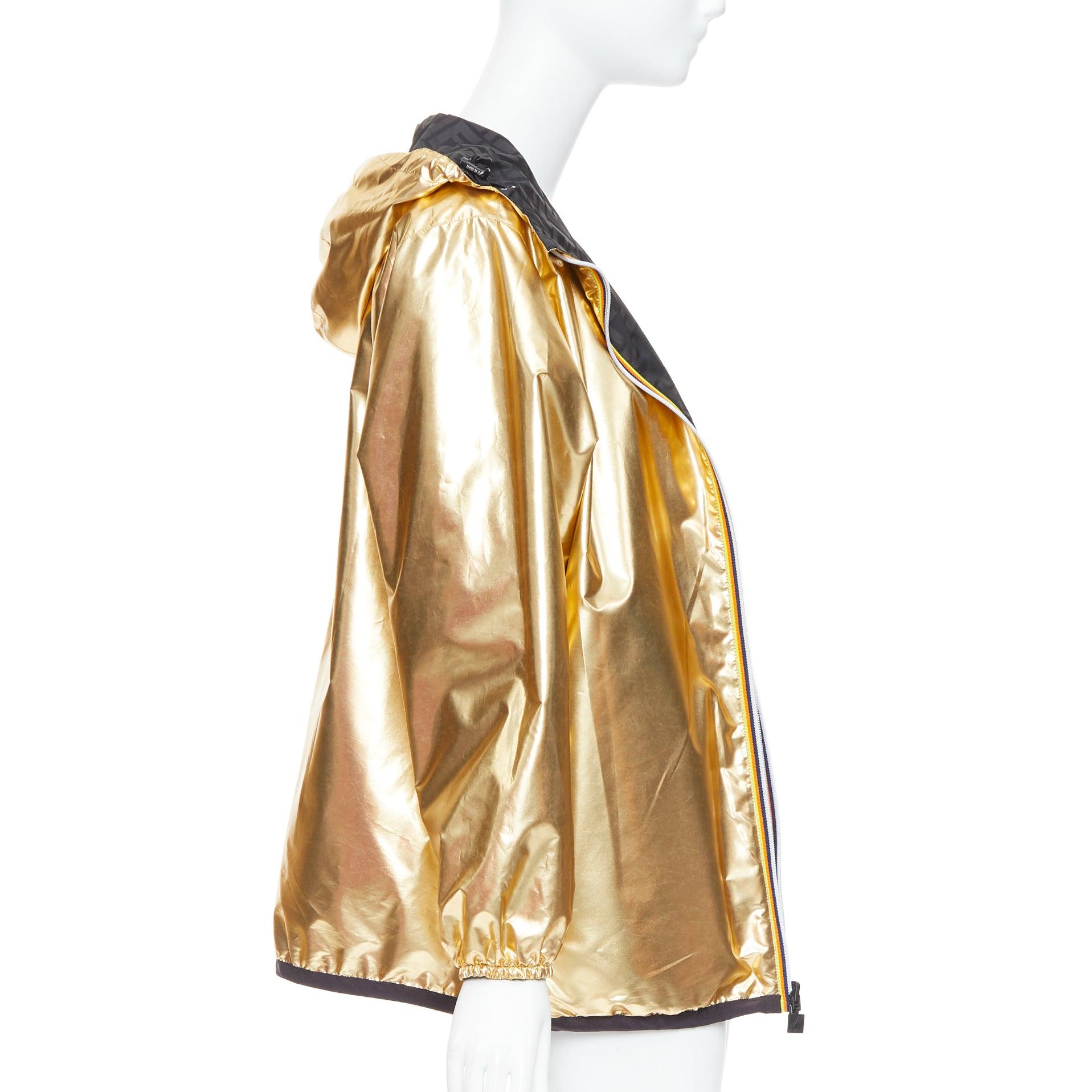 FENDI K-WAY Metallic Gold Schwarz FF reversible wasserdichter Windbreaker S im Angebot 1