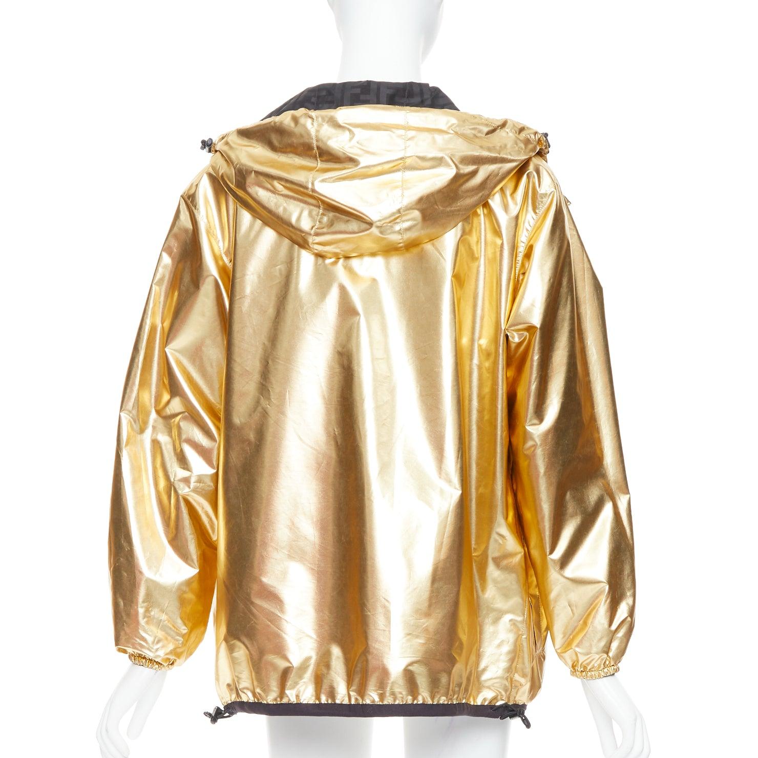 FENDI K-WAY Metallic Gold Schwarz FF reversible wasserdichter Windbreaker S im Angebot 2