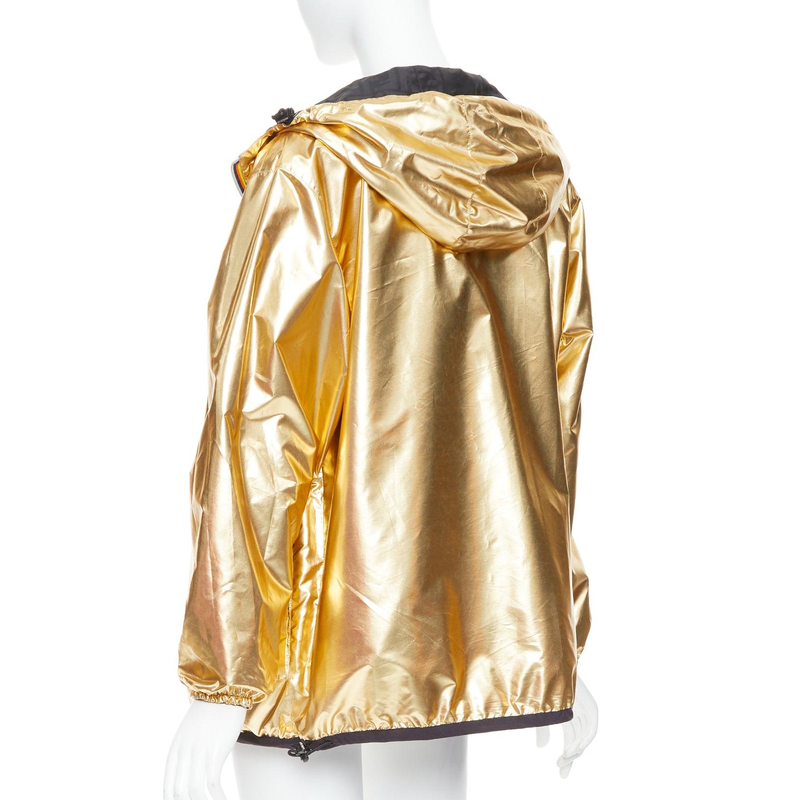 FENDI K-WAY Metallic Gold Schwarz FF reversible wasserdichter Windbreaker S im Angebot 3