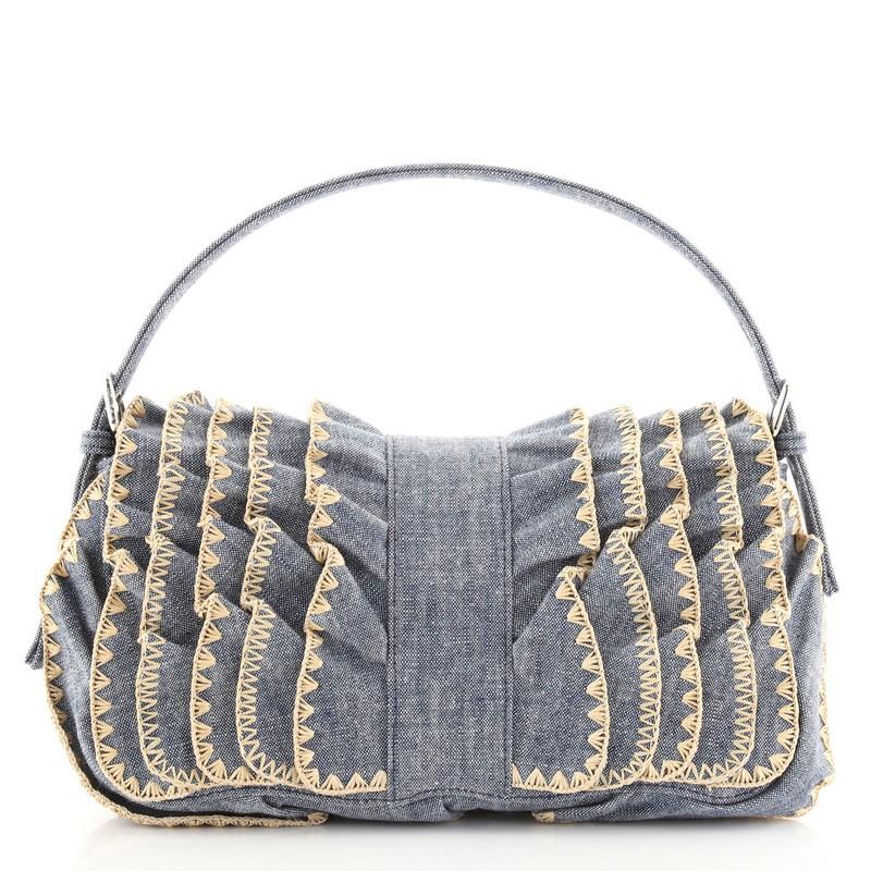 Fendi Kan I F Baguette Bag Embroidered Ruffled Denim In Good Condition In NY, NY