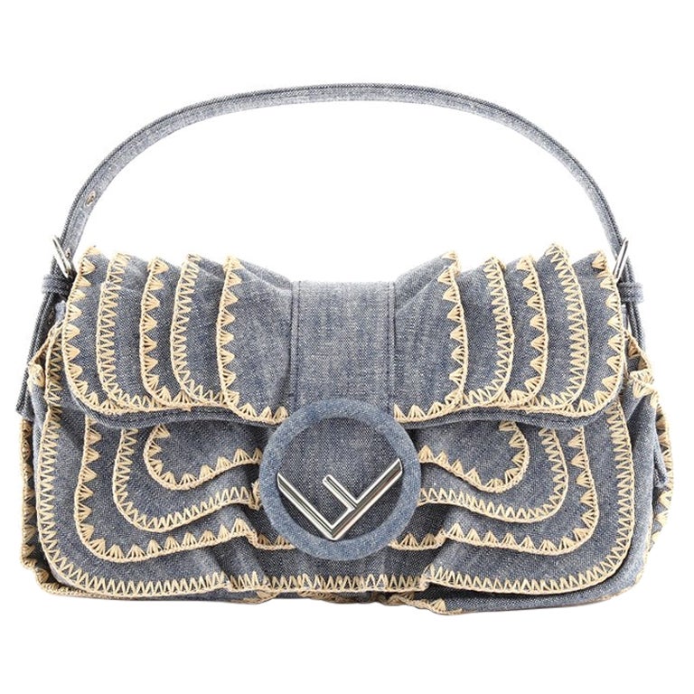 Fendi Kan I F Baguette Bag Embroidered Ruffled Denim